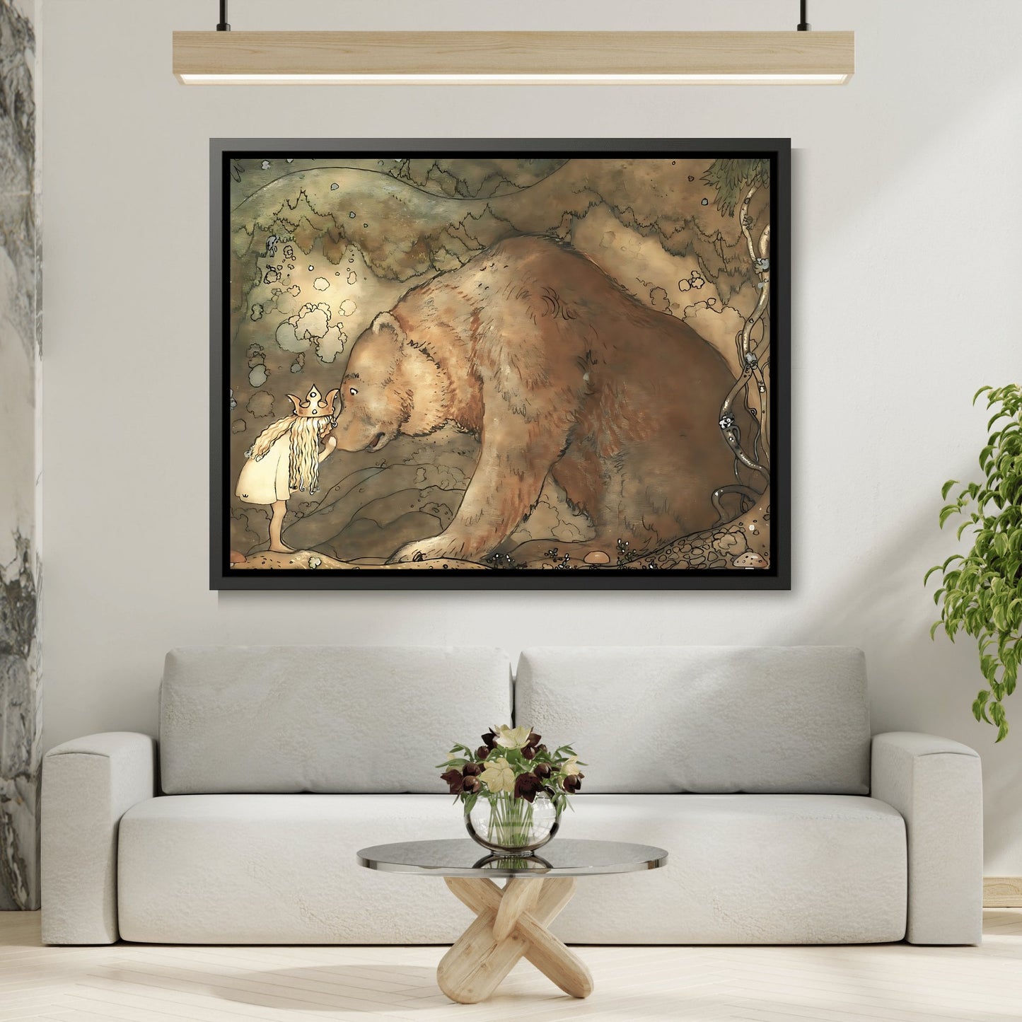 John Bauer Kissed Bear On The Nose - Framed Canvas Wall Art Print with Black Frame