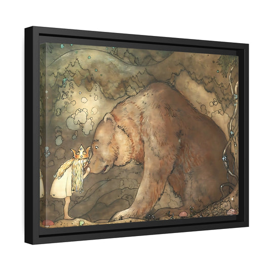 John Bauer Kissed Bear On The Nose - Framed Canvas Wall Art Print with Black Frame