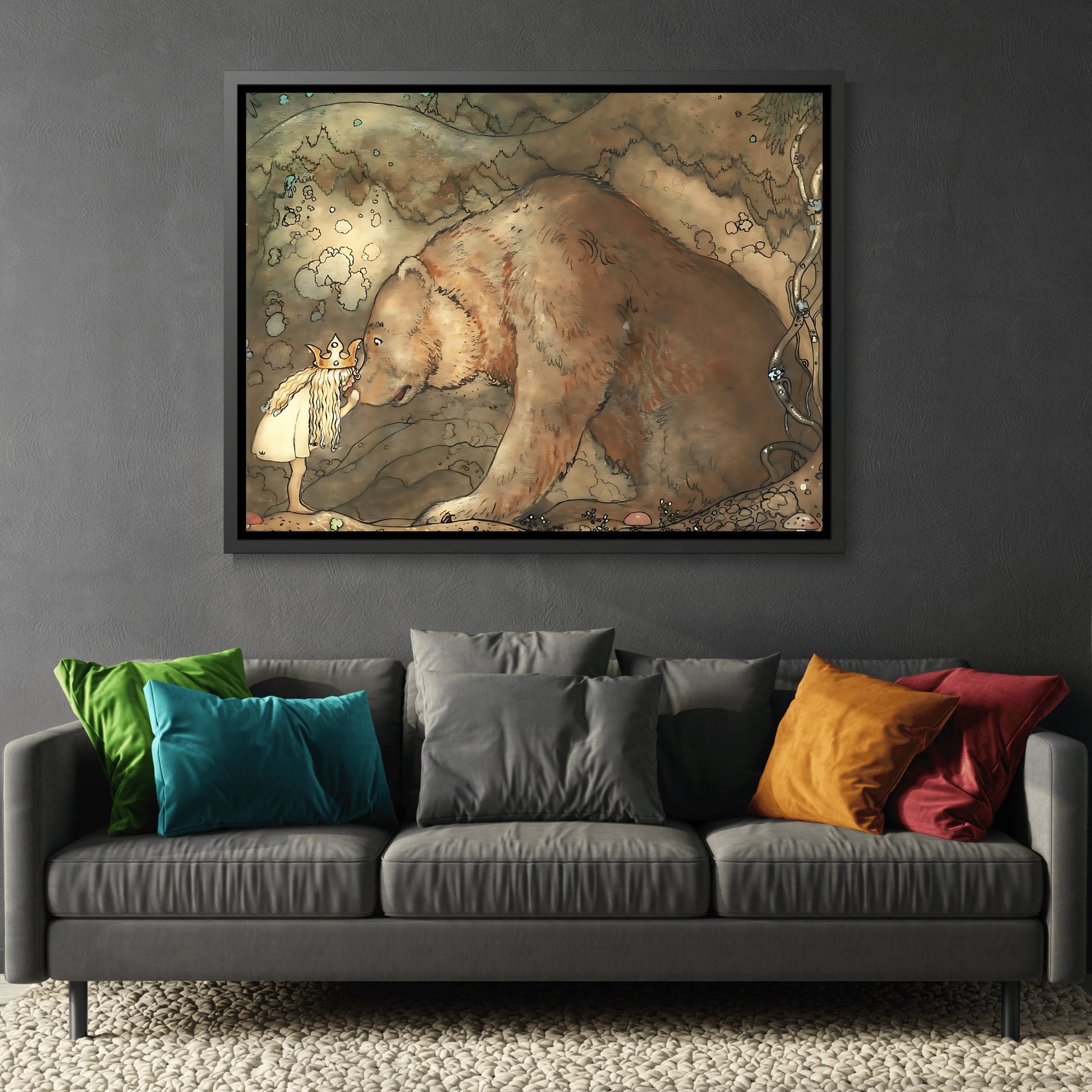 John Bauer Kissed Bear On The Nose - Framed Canvas Wall Art Print with Black Frame