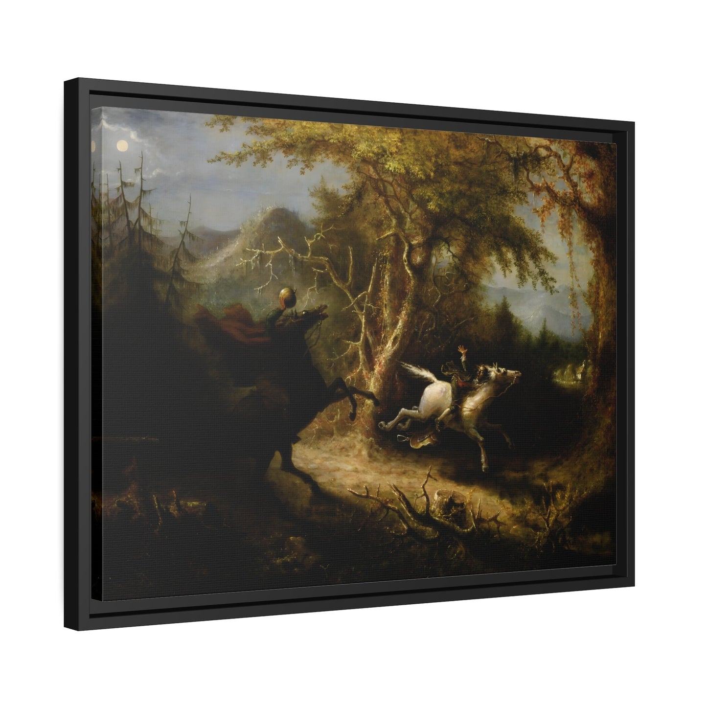 John Quidor Headless Horseman Pursuing Ichabod Crane - Framed Canvas Wall Art Print in Black Pinewood Frame