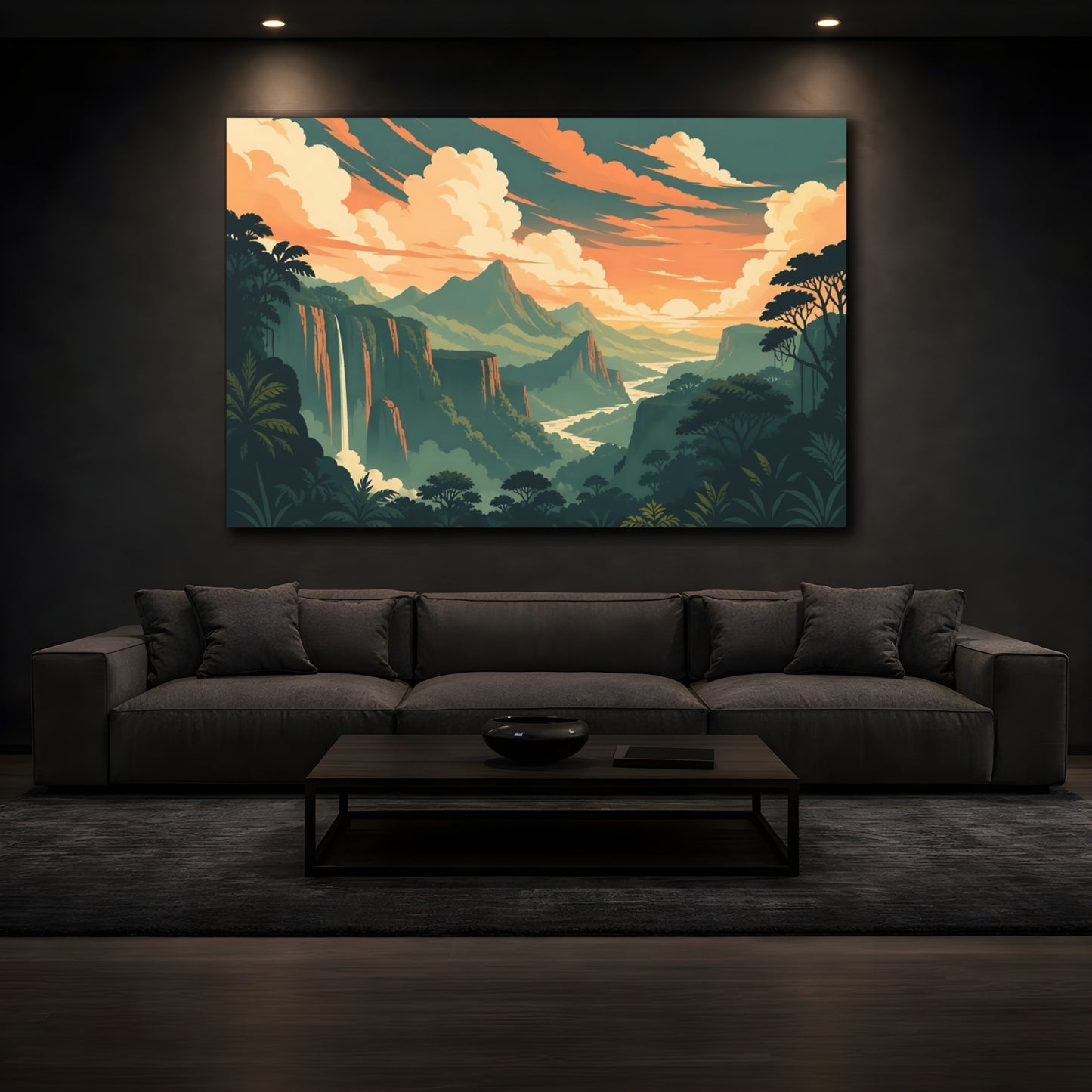 Mockup 3. Jungle Canyon Sunset shown as canvas print