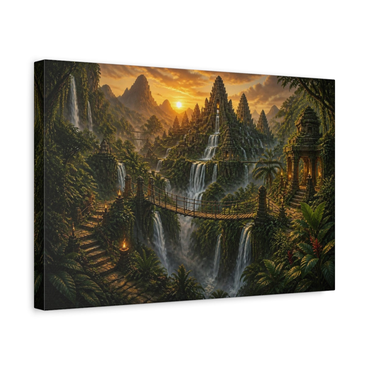 Side Mockup 4. Jungle Temple Landscape At Dusk shown as canvas print