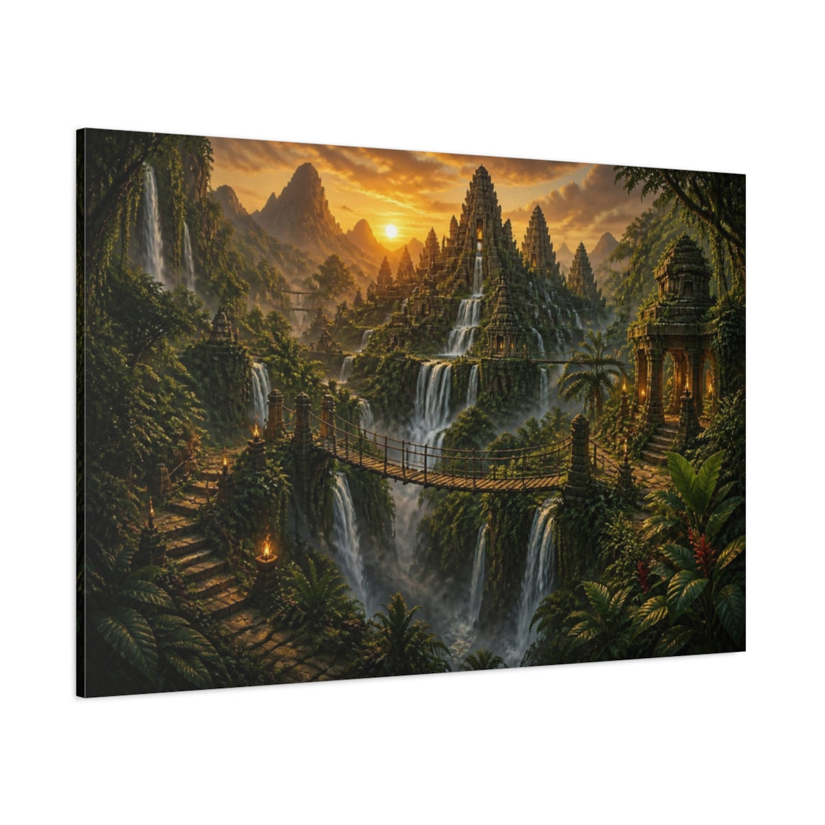Side Mockup 1. Jungle Temple Landscape At Dusk shown as canvas print