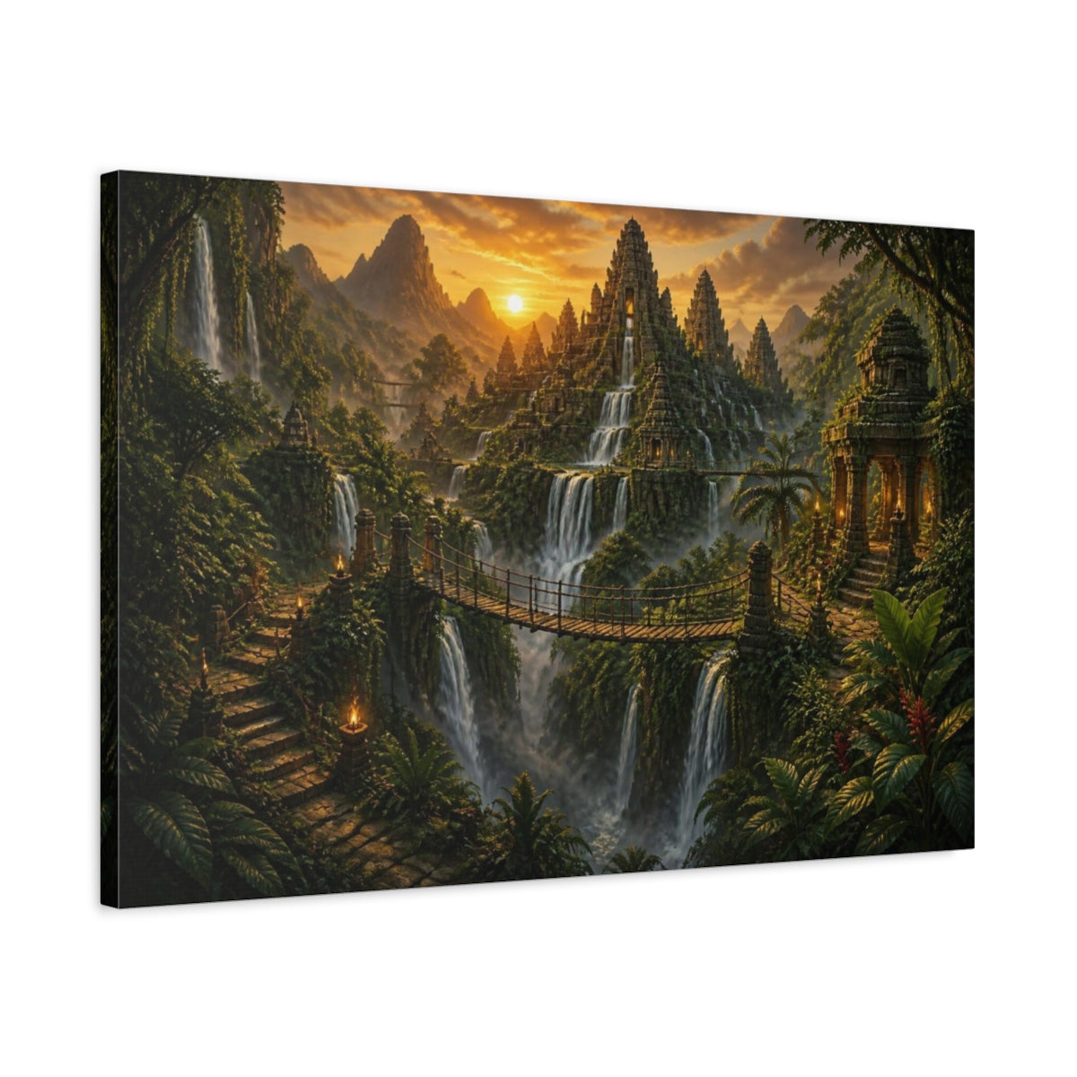 Side Mockup 2. Jungle Temple Landscape At Dusk shown as canvas print
