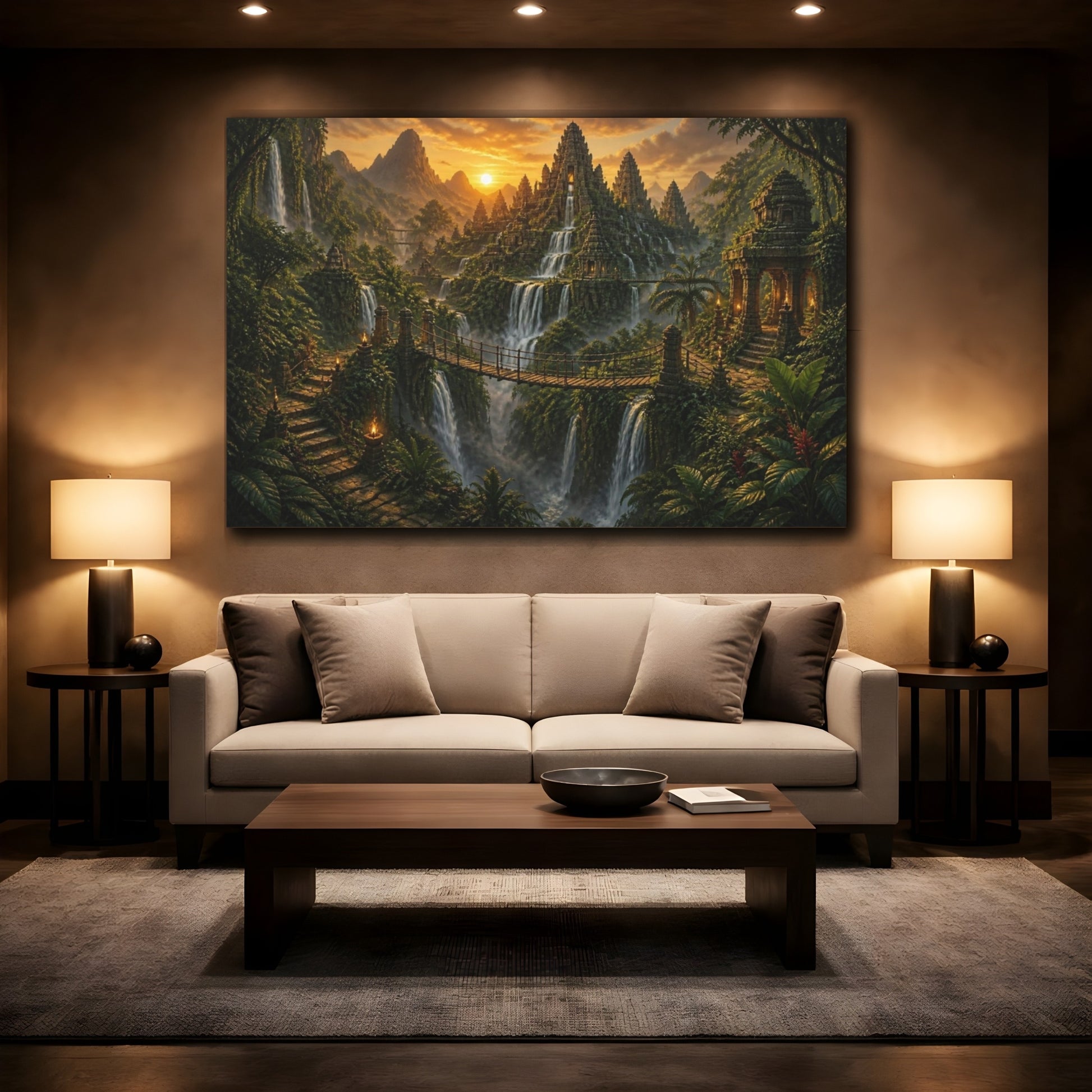 Mockup 2. Jungle Temple Landscape At Dusk shown as canvas print