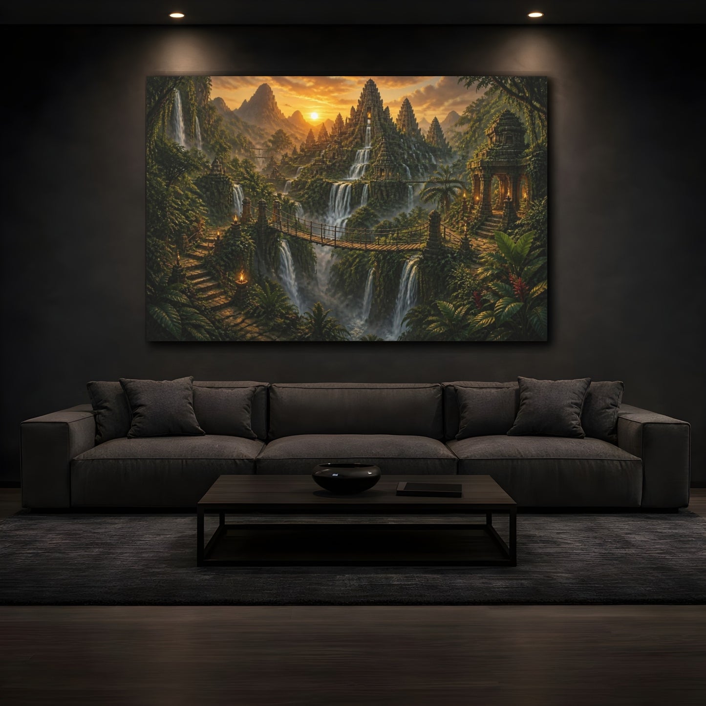 Mockup 3. Jungle Temple Landscape At Dusk shown as canvas print