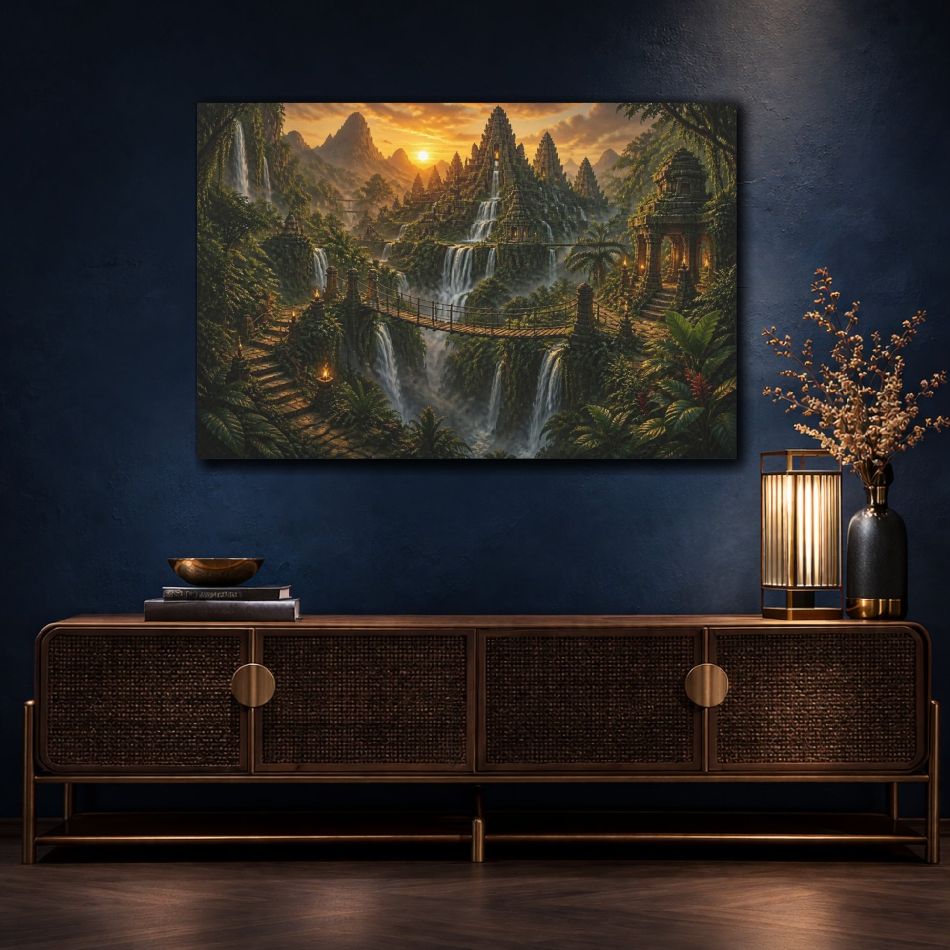 Mockup 4. Jungle Temple Landscape At Dusk shown as canvas print