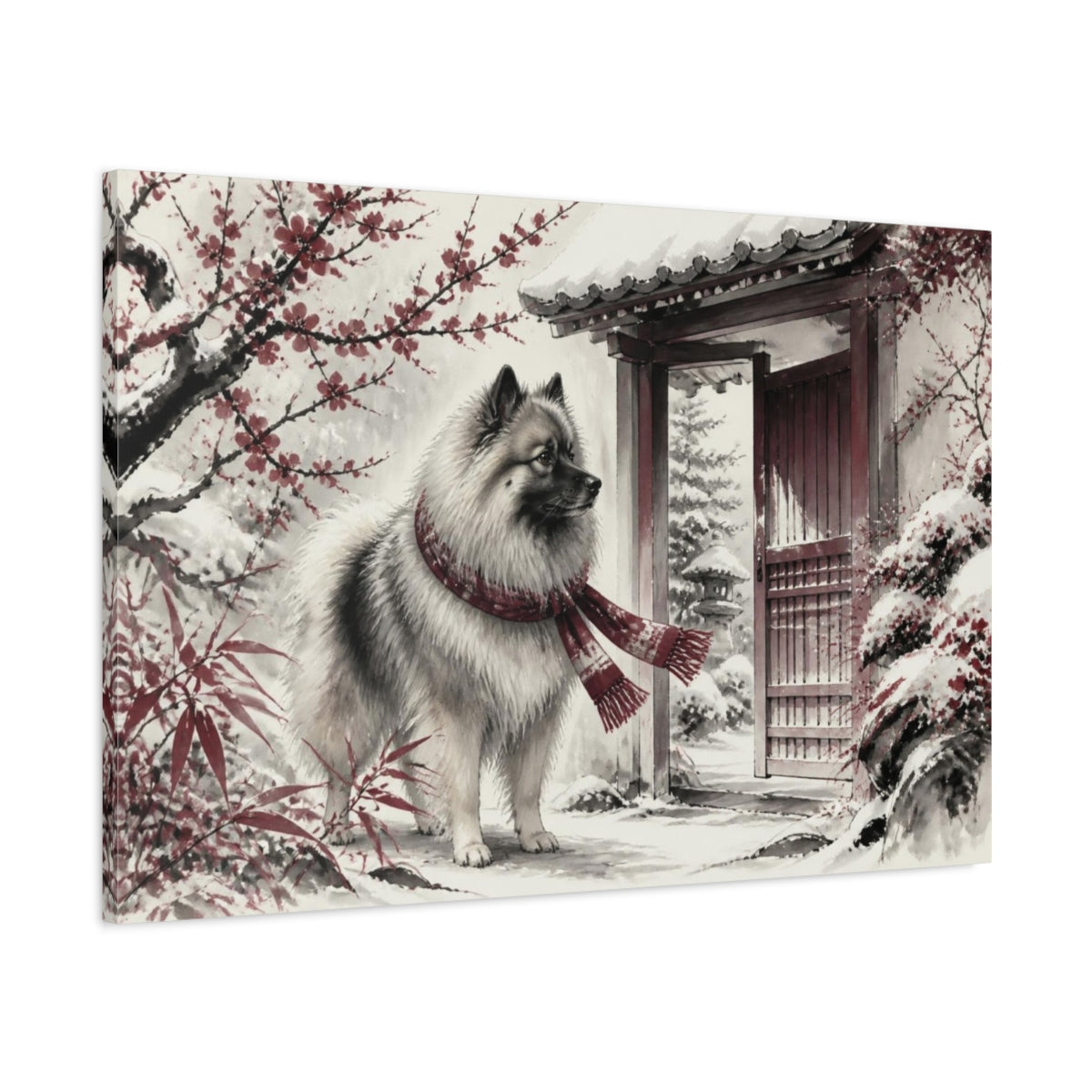 Main Mockup. Keeshond Pet By Garden Gate shown as canvas print