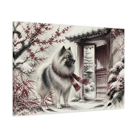 Keeshond Pet By Garden Gate Canvas Print – Living Room, Above Console Table, Silver And Burgundy - YesArtYes