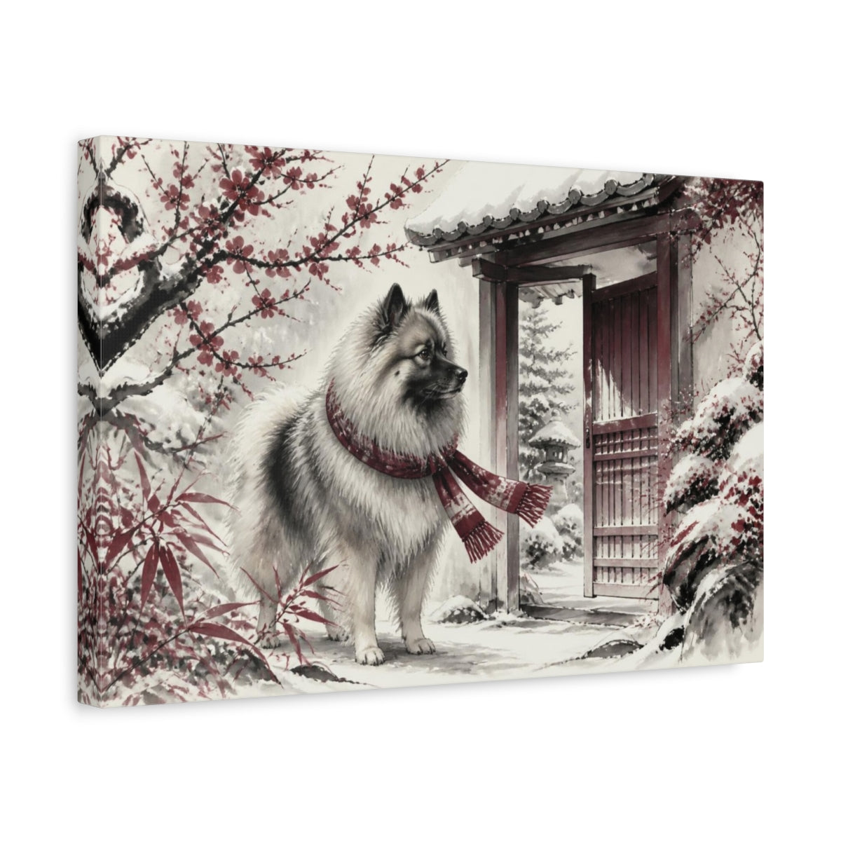 Side Mockup 4. Keeshond Pet By Garden Gate shown as canvas print