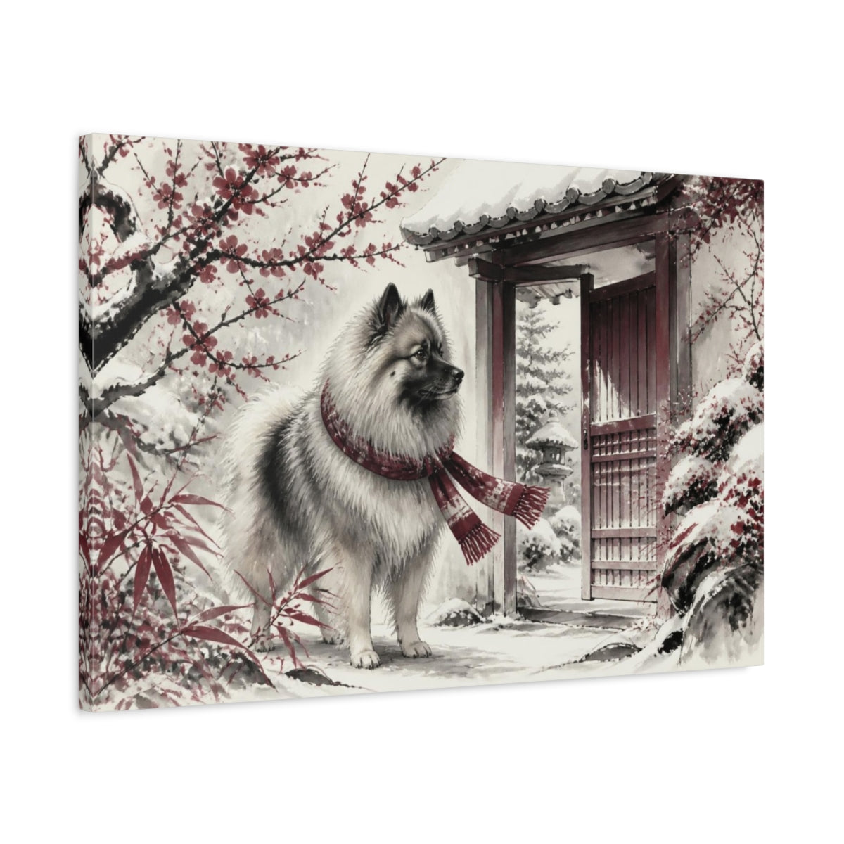 Side Mockup 2. Keeshond Pet By Garden Gate shown as canvas print