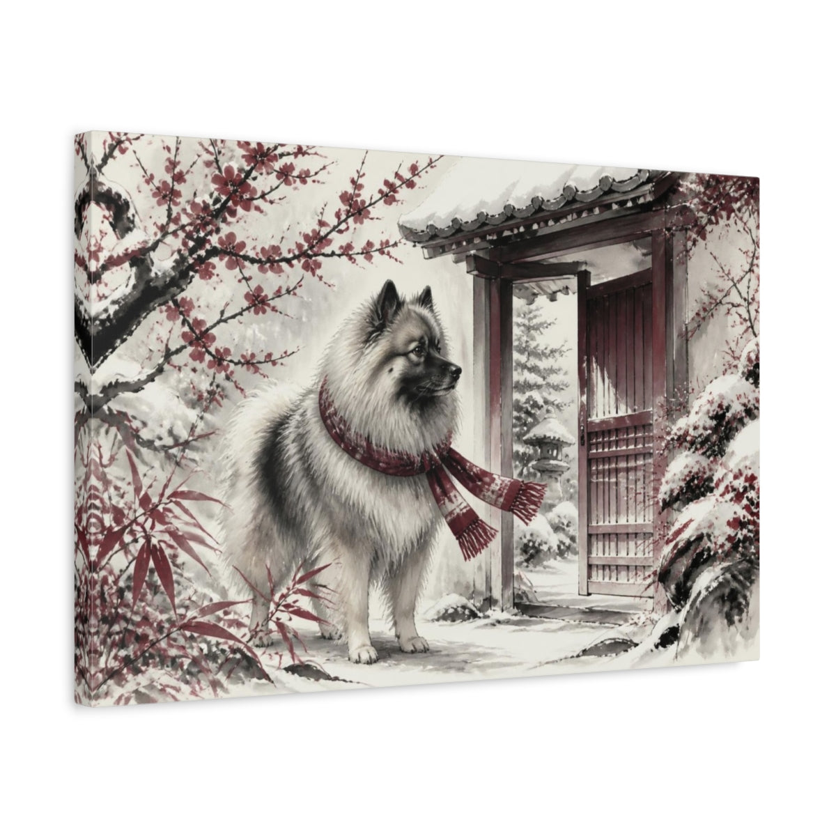 Side Mockup 3. Keeshond Pet By Garden Gate shown as canvas print