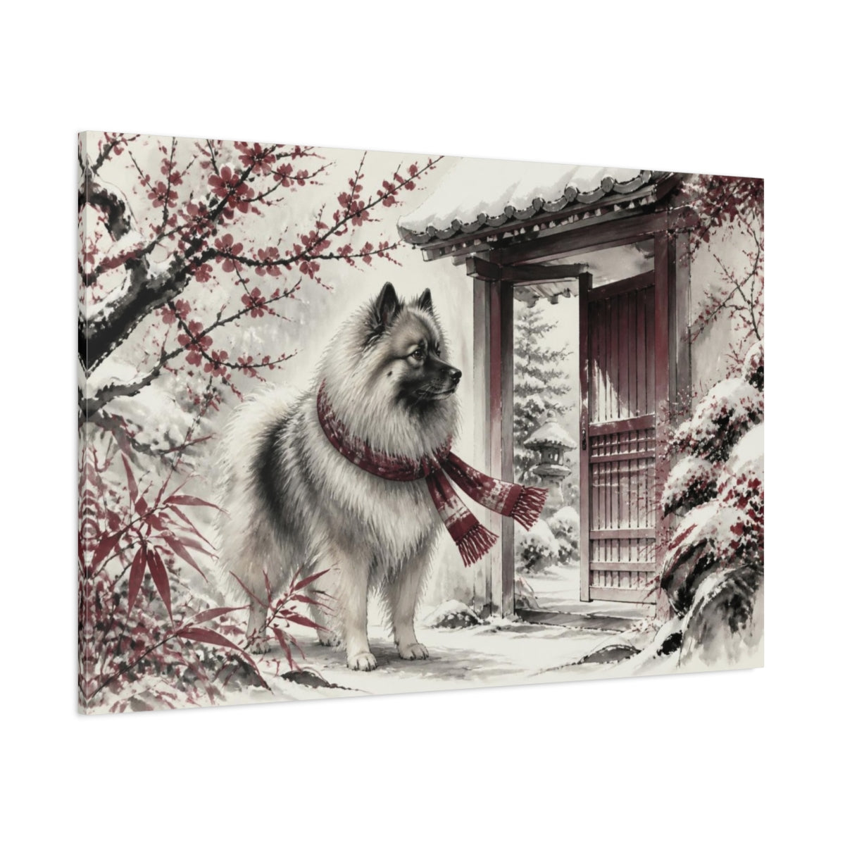 Side Mockup 1. Keeshond Pet By Garden Gate shown as canvas print