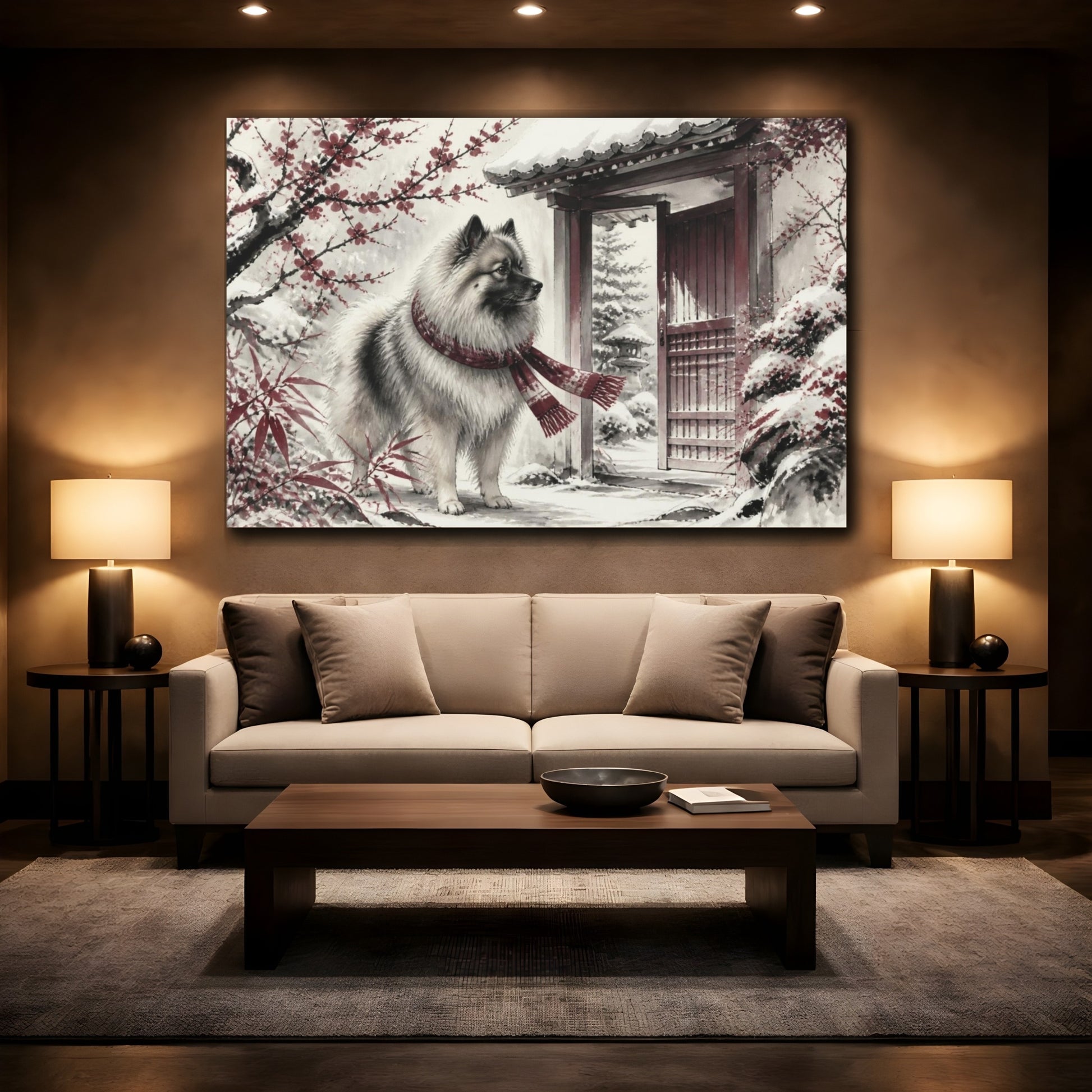 Mockup 2. Keeshond Pet By Garden Gate shown as canvas print