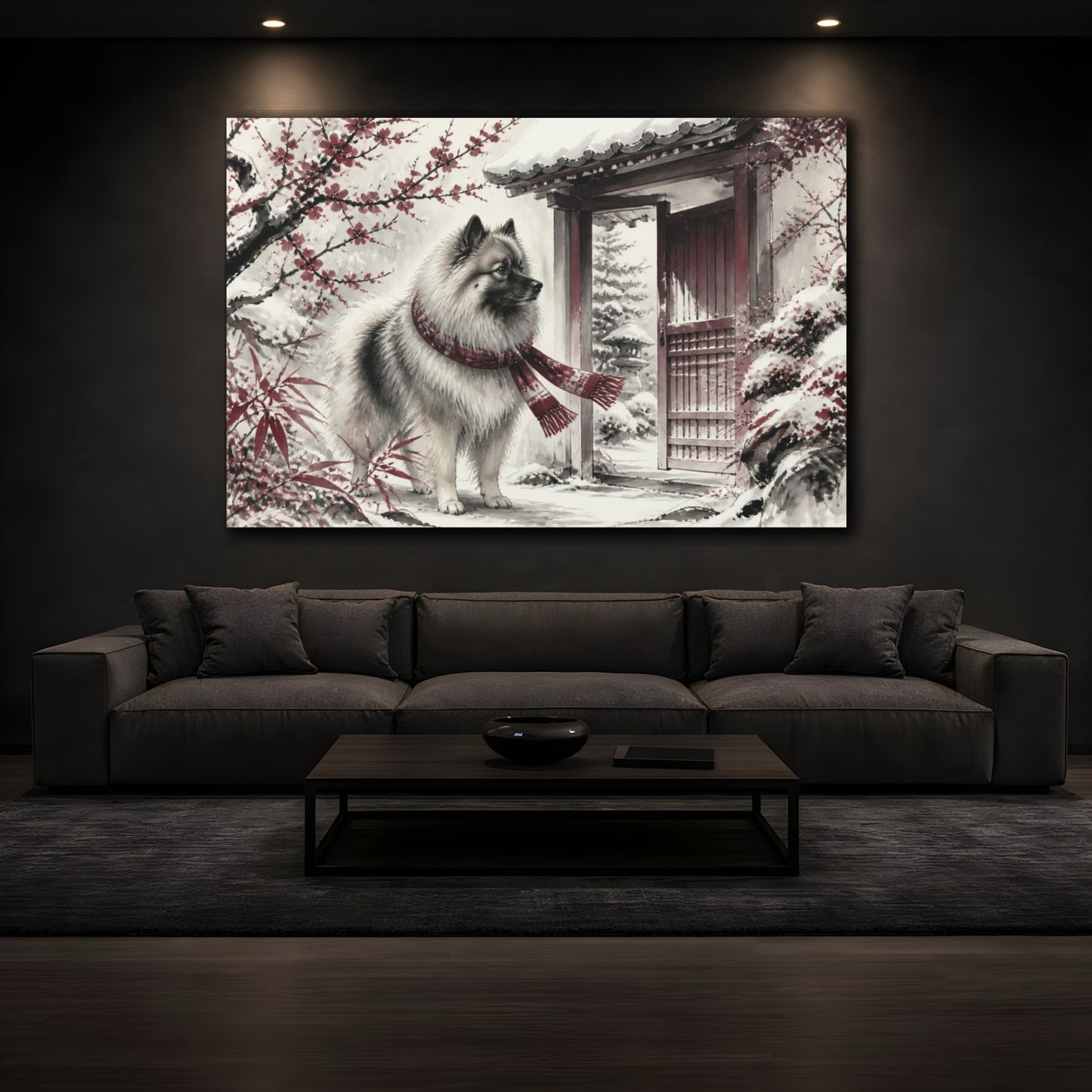 Mockup 3. Keeshond Pet By Garden Gate shown as canvas print