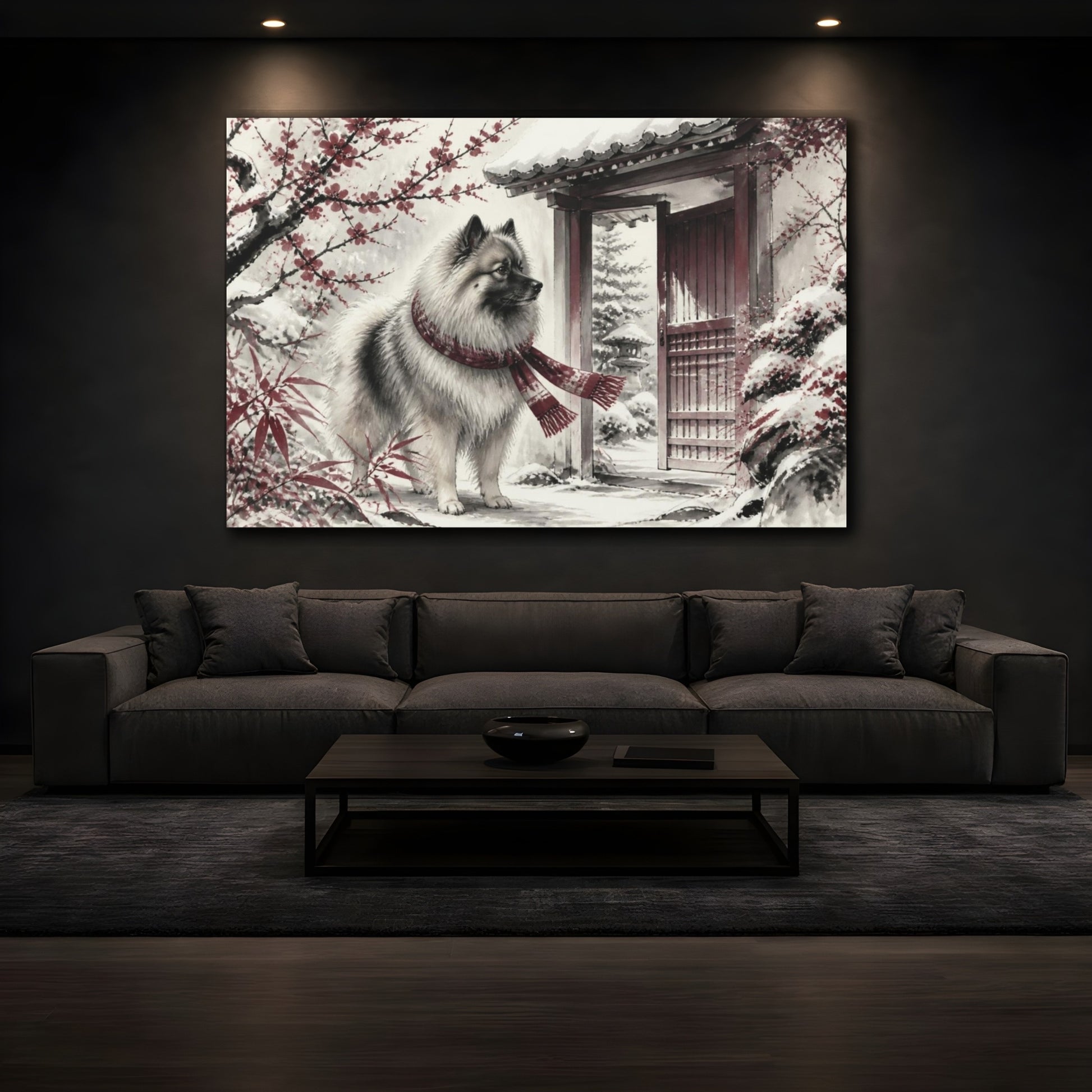 Mockup 3. Keeshond Pet By Garden Gate shown as canvas print