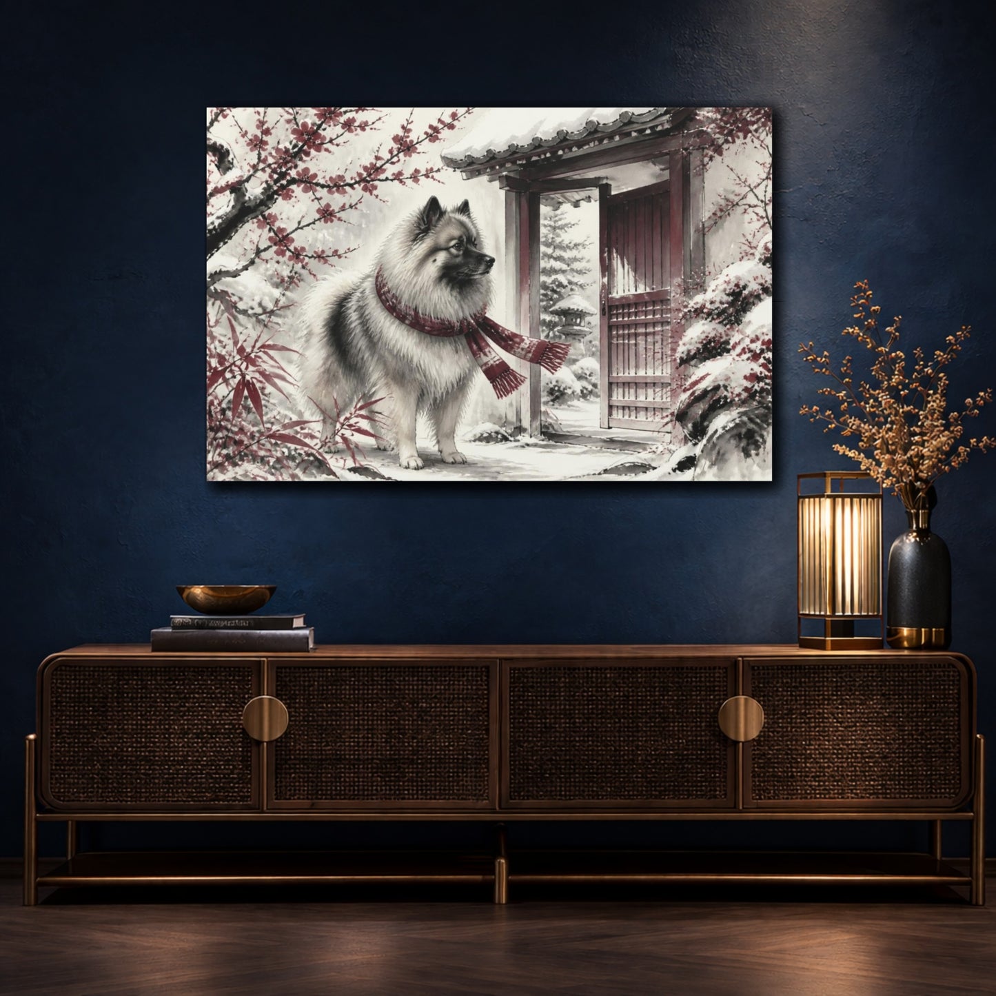 Mockup 4. Keeshond Pet By Garden Gate shown as canvas print