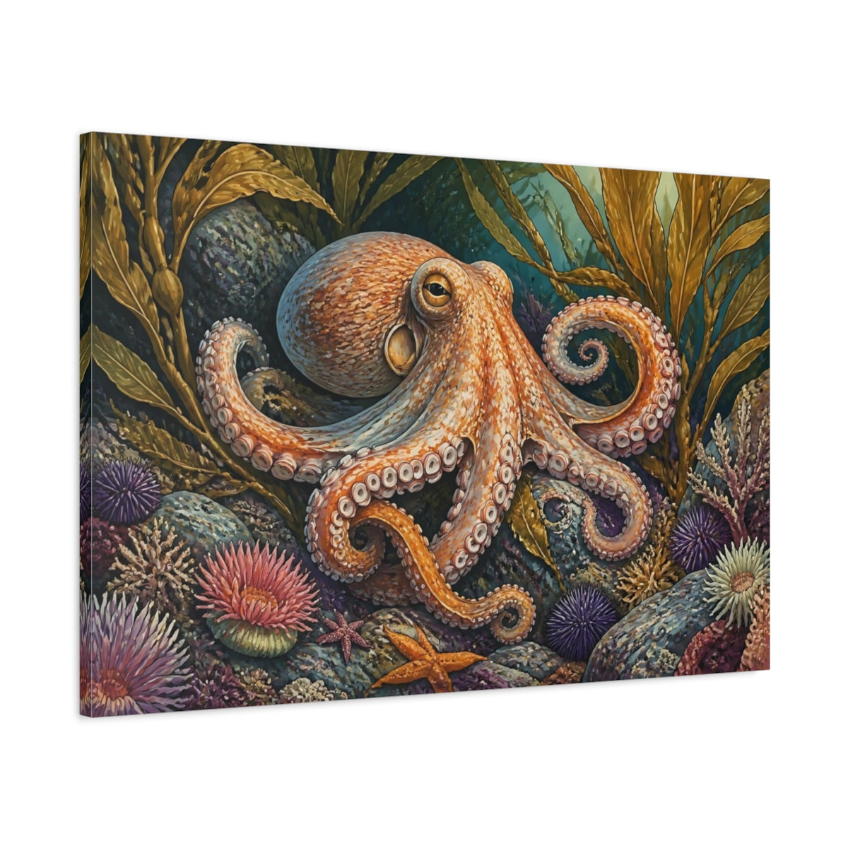 Main Mockup. Kelp Forest Octopus shown as canvas print