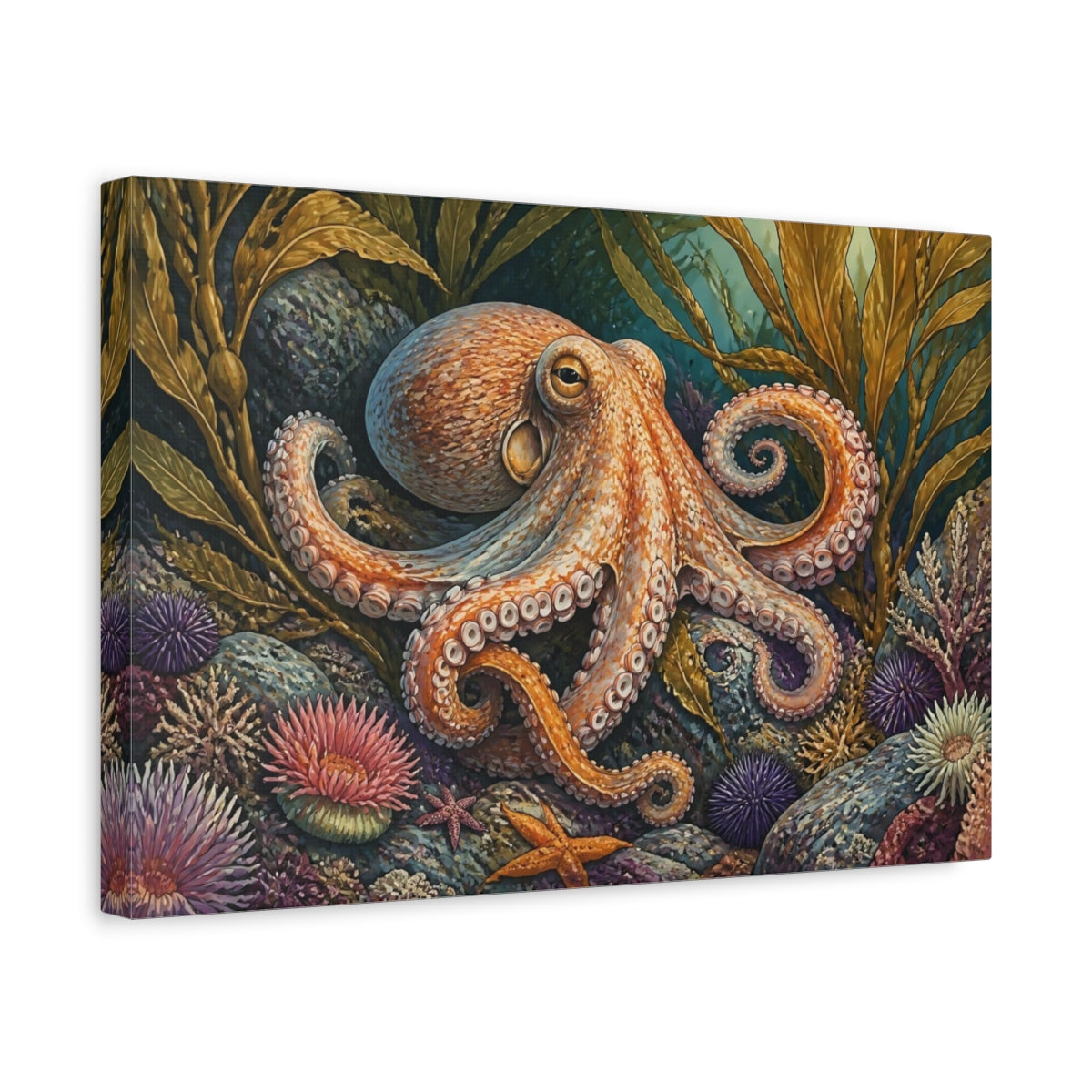 Side Mockup 4. Kelp Forest Octopus shown as canvas print