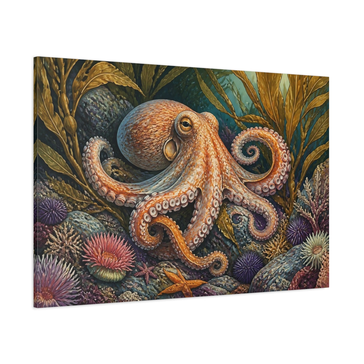 Side Mockup 1. Kelp Forest Octopus shown as canvas print