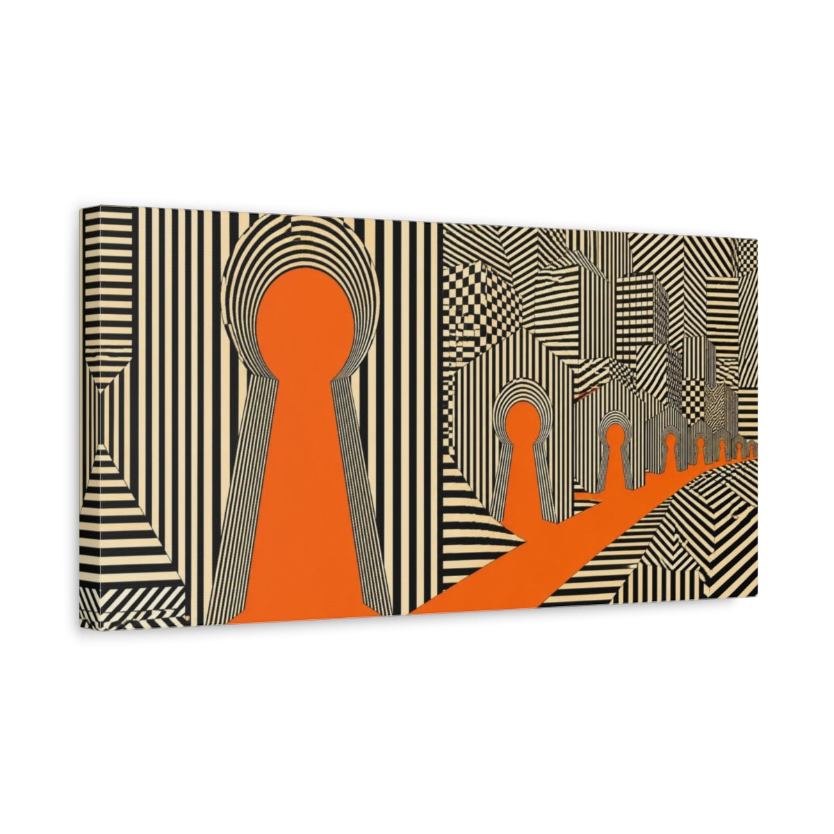Side Mockup 3. Keyhole Cityscape Illusion shown as canvas print