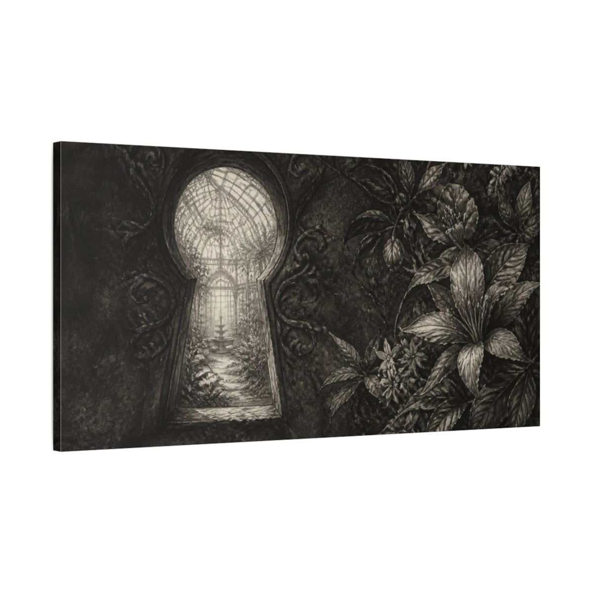 Main Mockup. Keyhole To Secret Greenhouse shown as canvas print