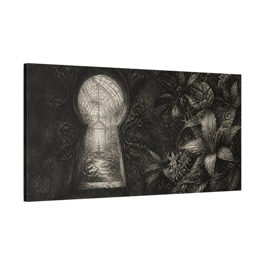 Main Mockup. Keyhole To Secret Greenhouse shown as canvas print