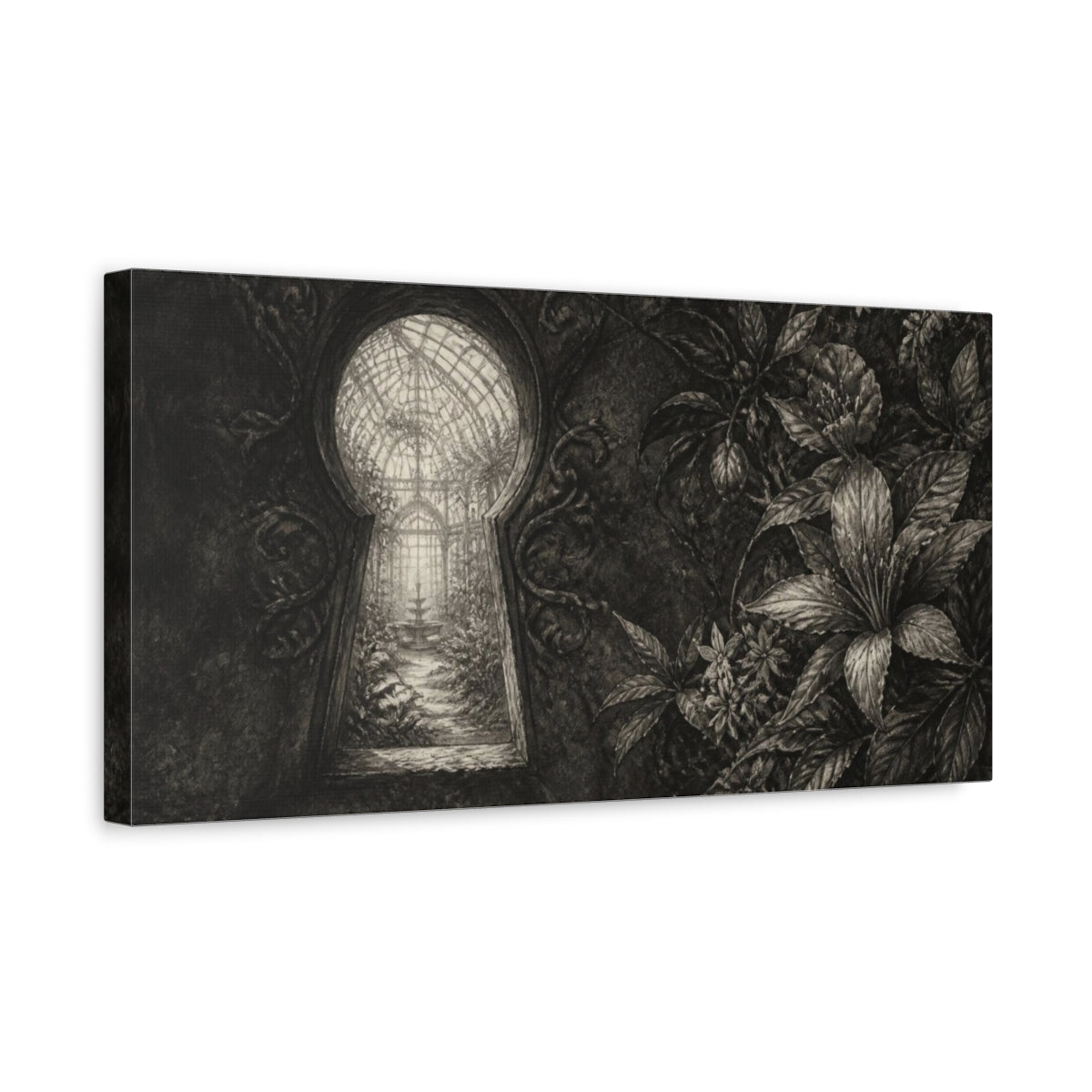 Side Mockup 3. Keyhole To Secret Greenhouse shown as canvas print