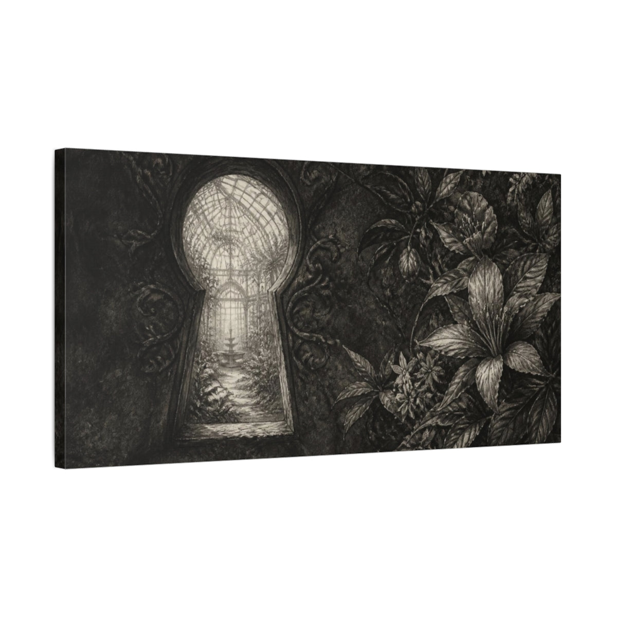 Side Mockup 1. Keyhole To Secret Greenhouse shown as canvas print