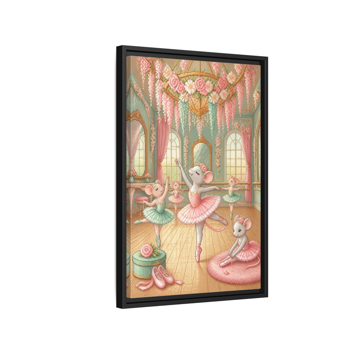 Side Mockup 3. Kids Ballet Mice shown as framed canvas print