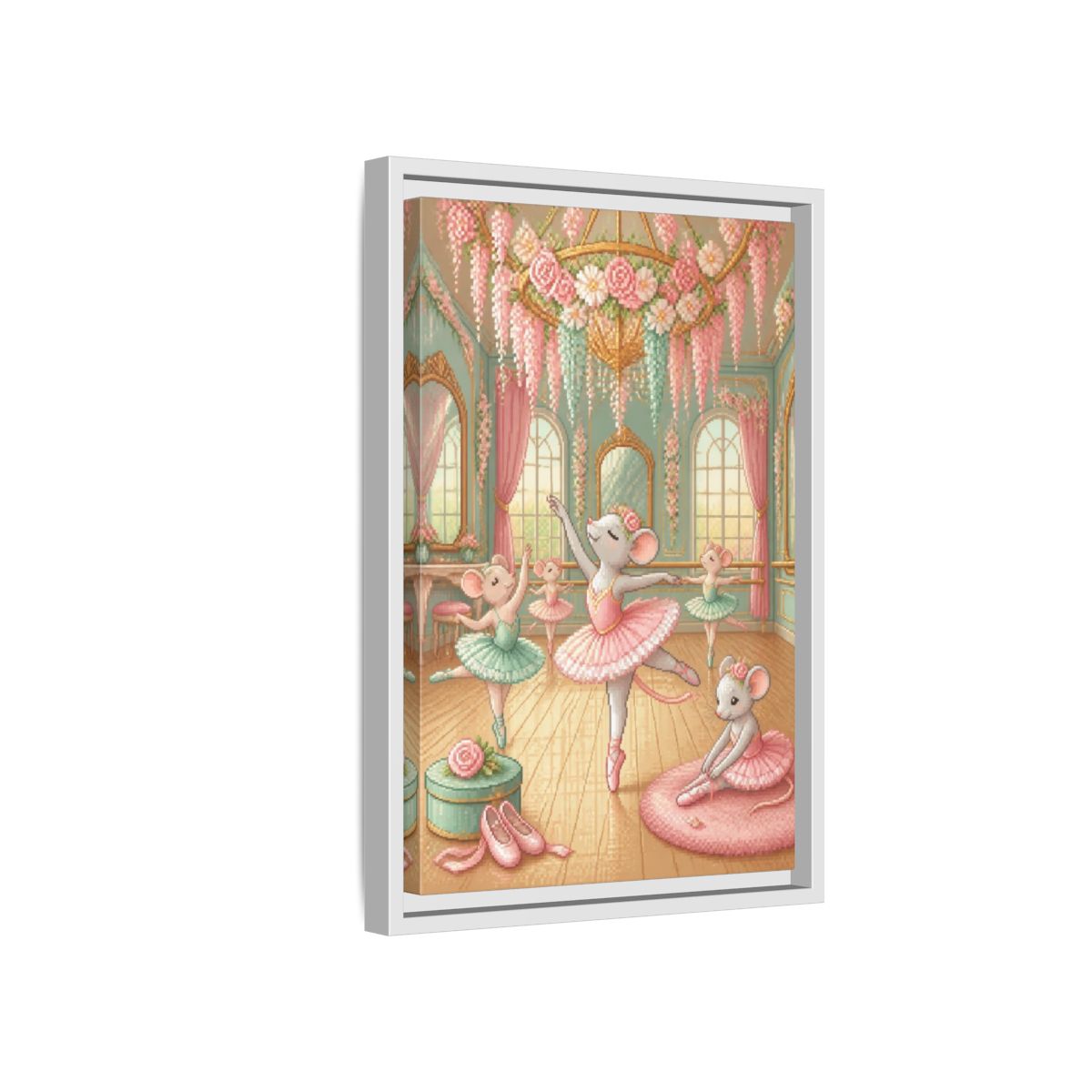 Side Mockup 4. Kids Ballet Mice shown as framed canvas print