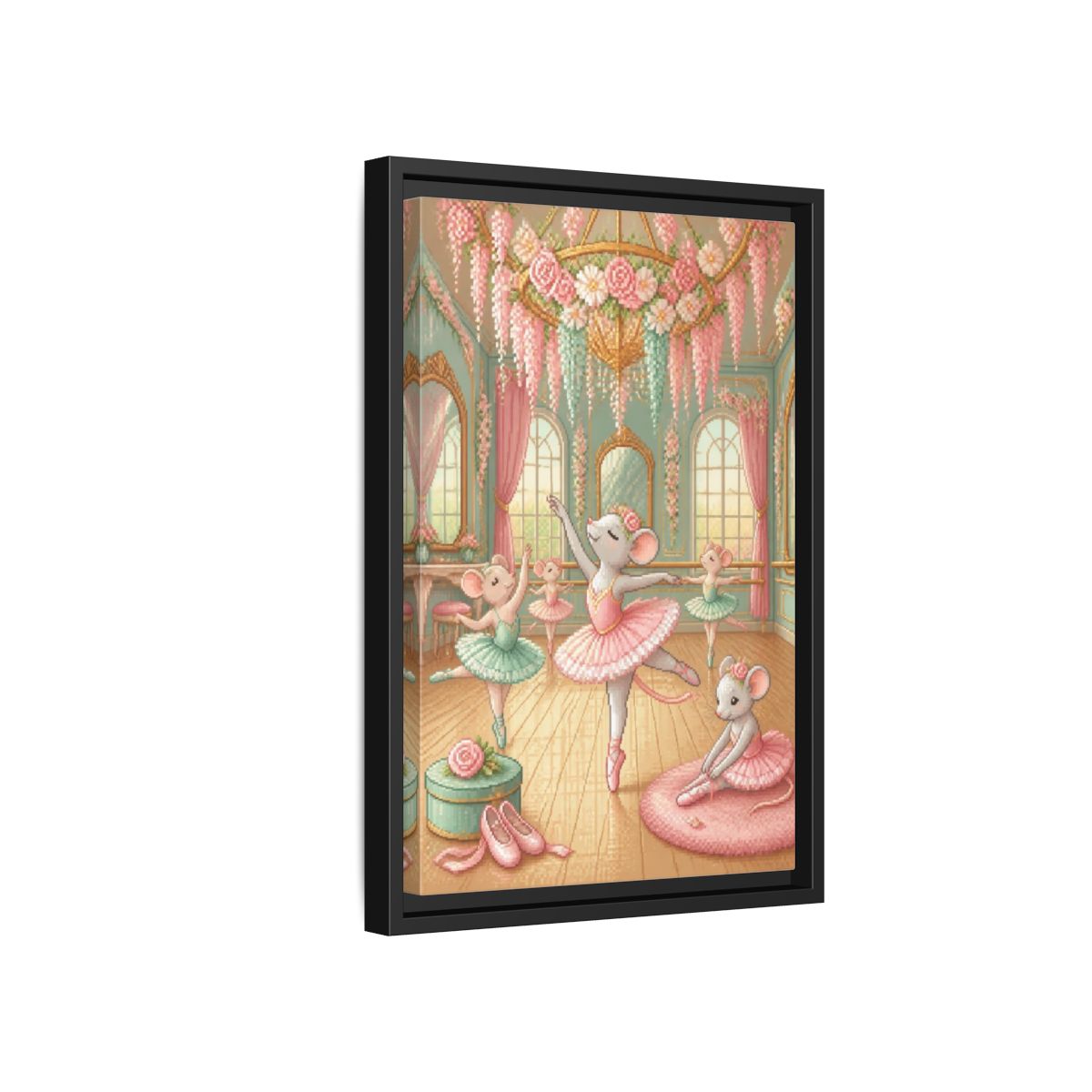 Side Mockup 6. Kids Ballet Mice shown as framed canvas print