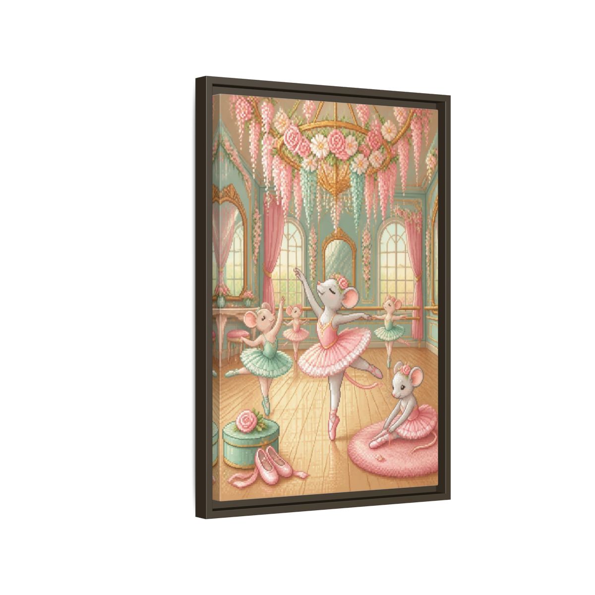 Side Mockup 2. Kids Ballet Mice shown as framed canvas print