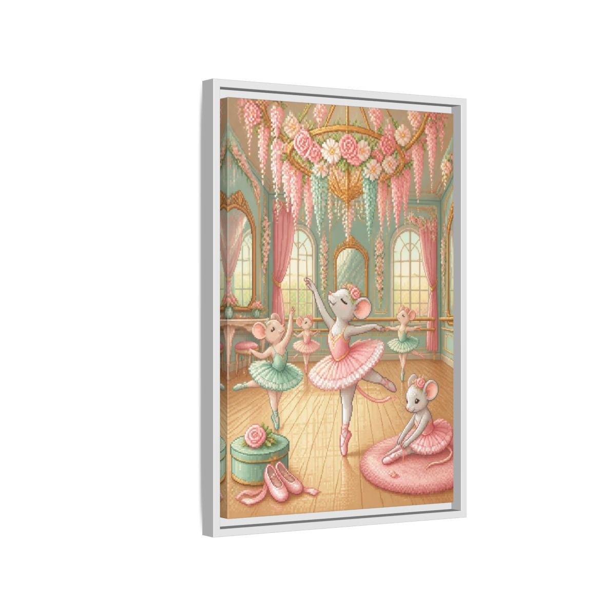 Side Mockup 1. Kids Ballet Mice shown as framed canvas print