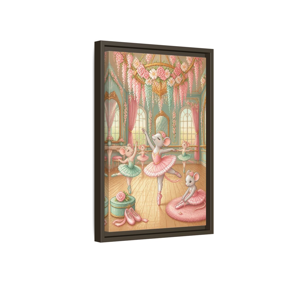 Side Mockup 5. Kids Ballet Mice shown as framed canvas print