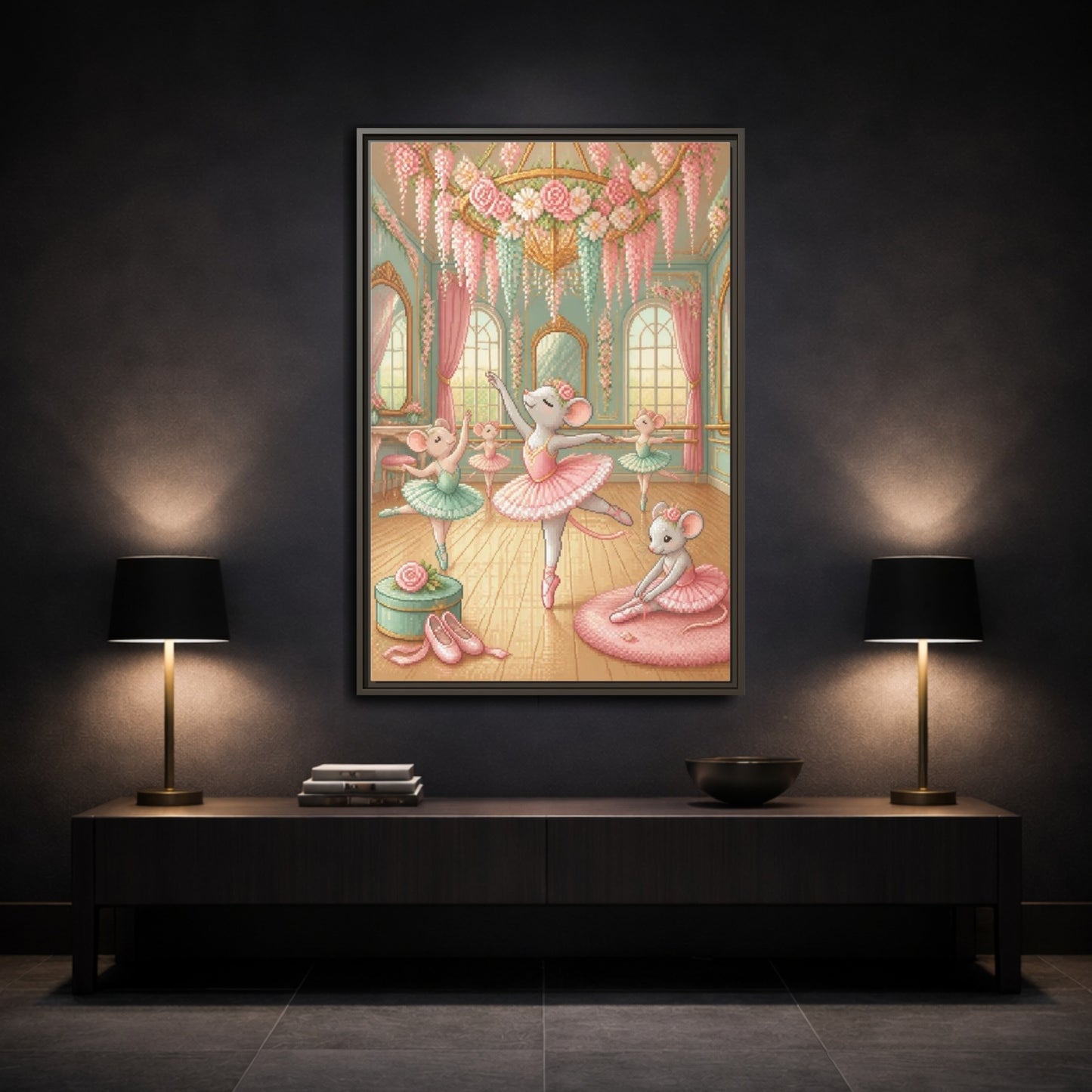 Mockup 3. Kids Ballet Mice shown as framed canvas print
