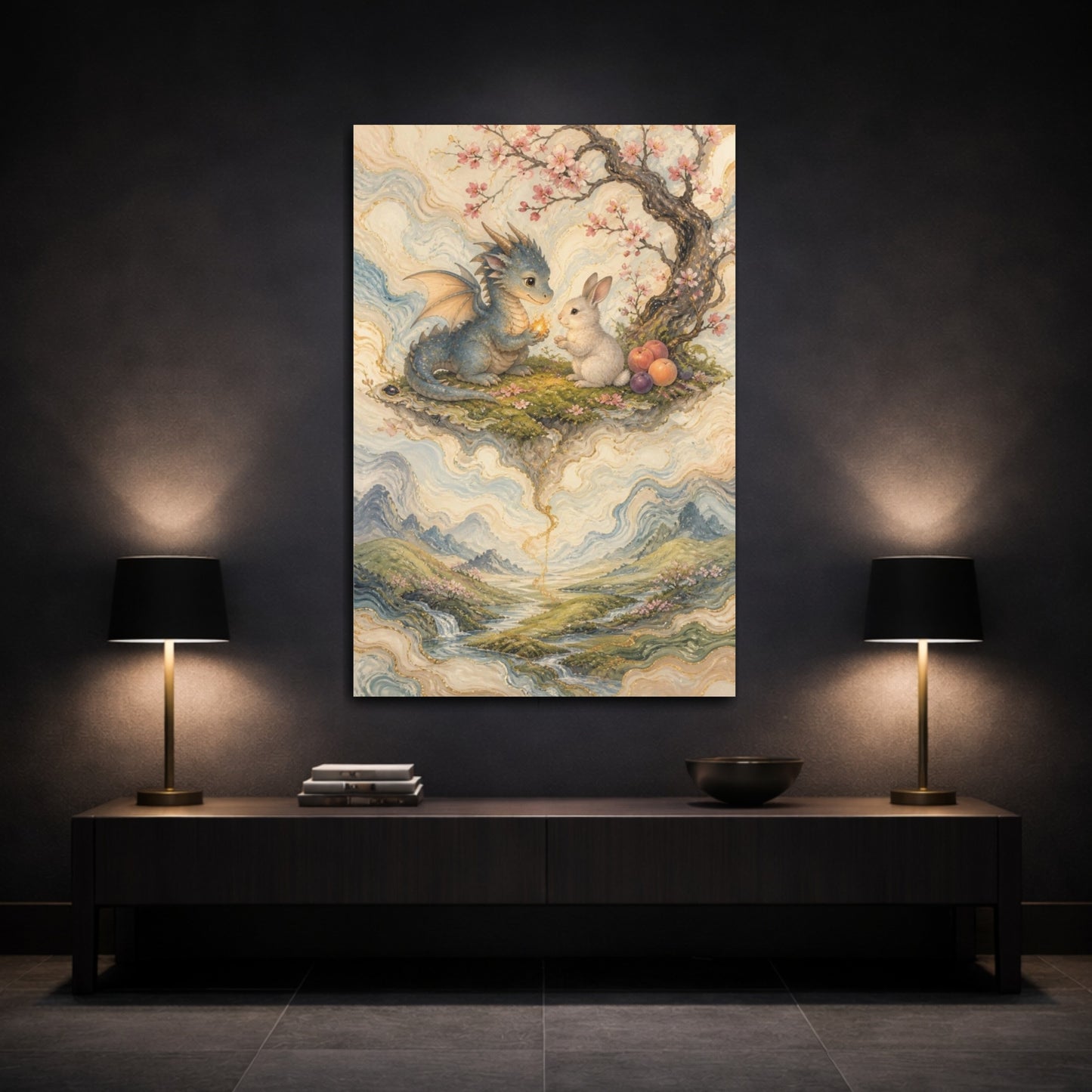 Mockup 3. Kids Dragon And Bunny shown as canvas print