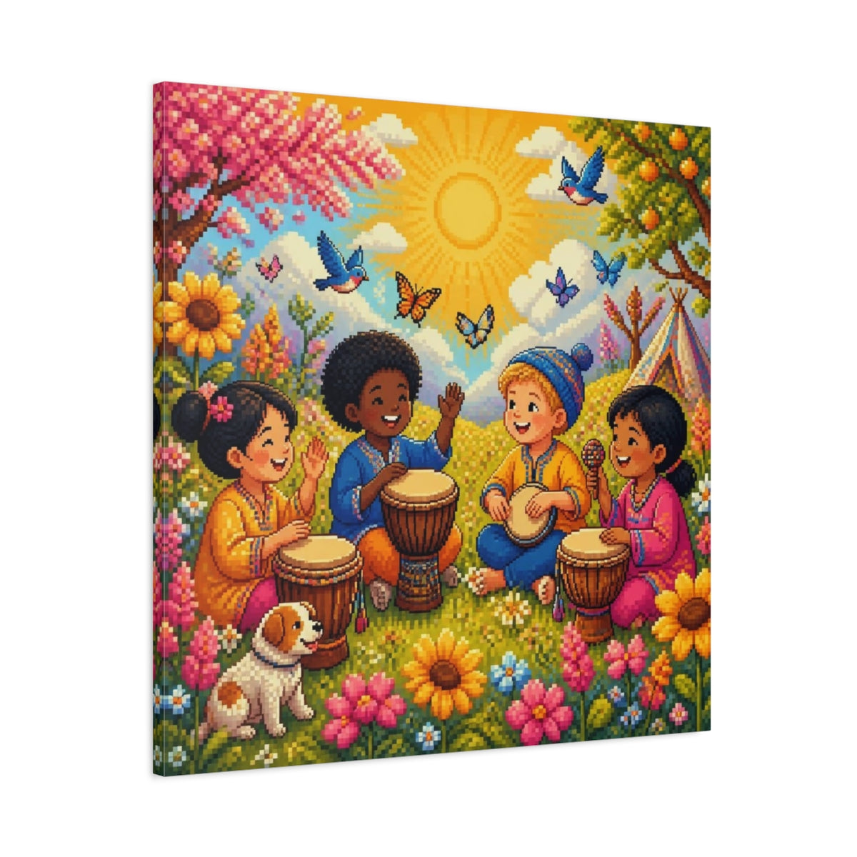 Main Mockup. Kids Drumming In Meadow shown as canvas print