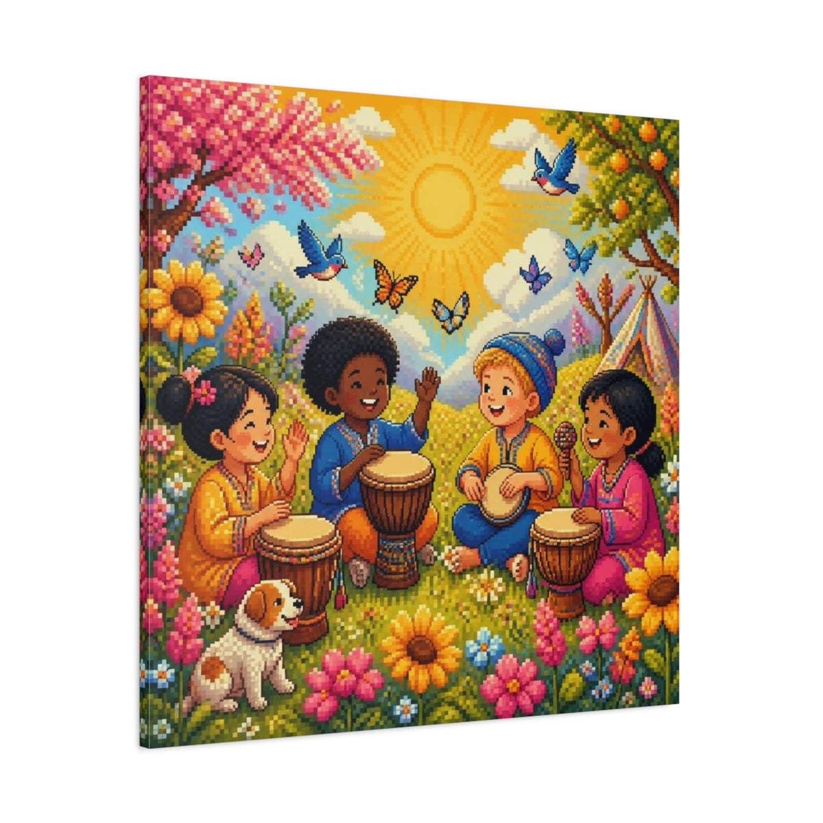 Side Mockup 1. Kids Drumming In Meadow shown as canvas print