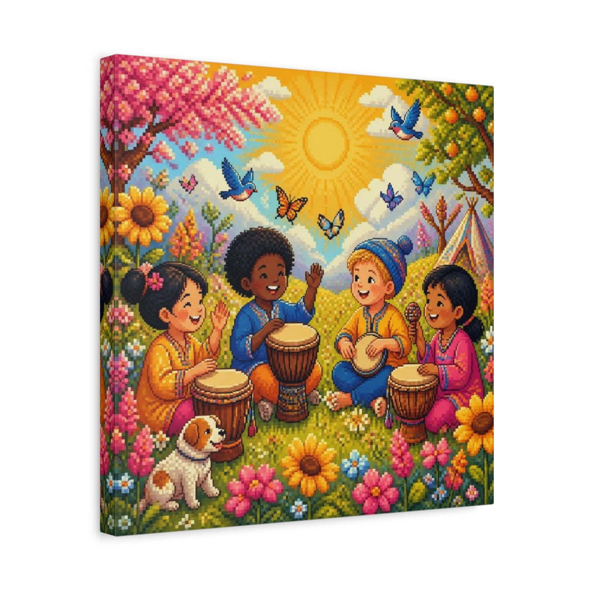 Side Mockup 6. Kids Drumming In Meadow shown as canvas print