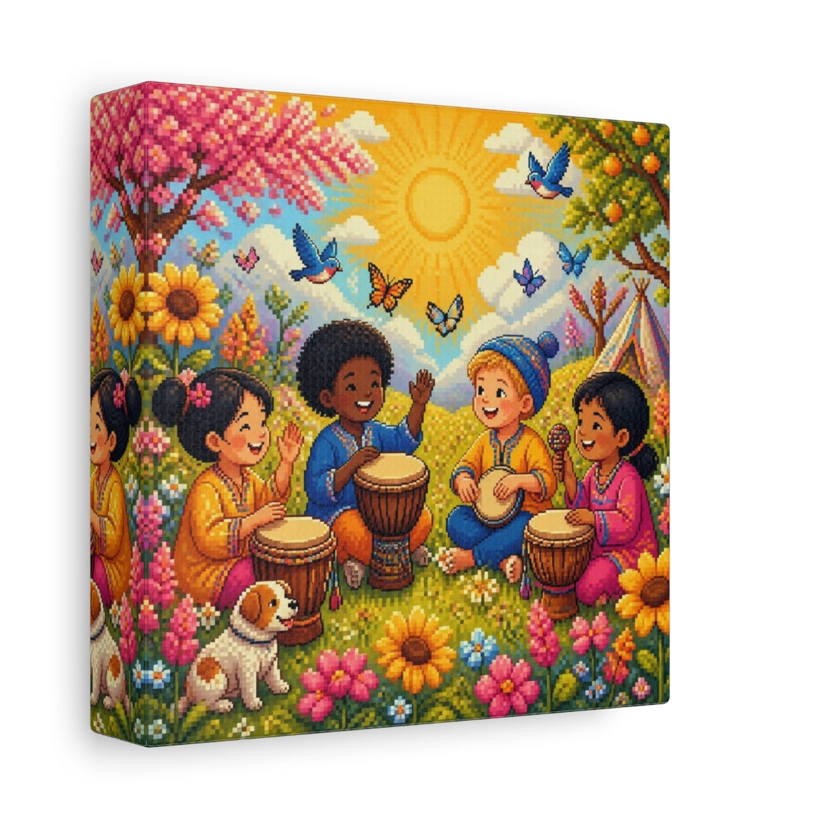 Side Mockup 2. Kids Drumming In Meadow shown as canvas print