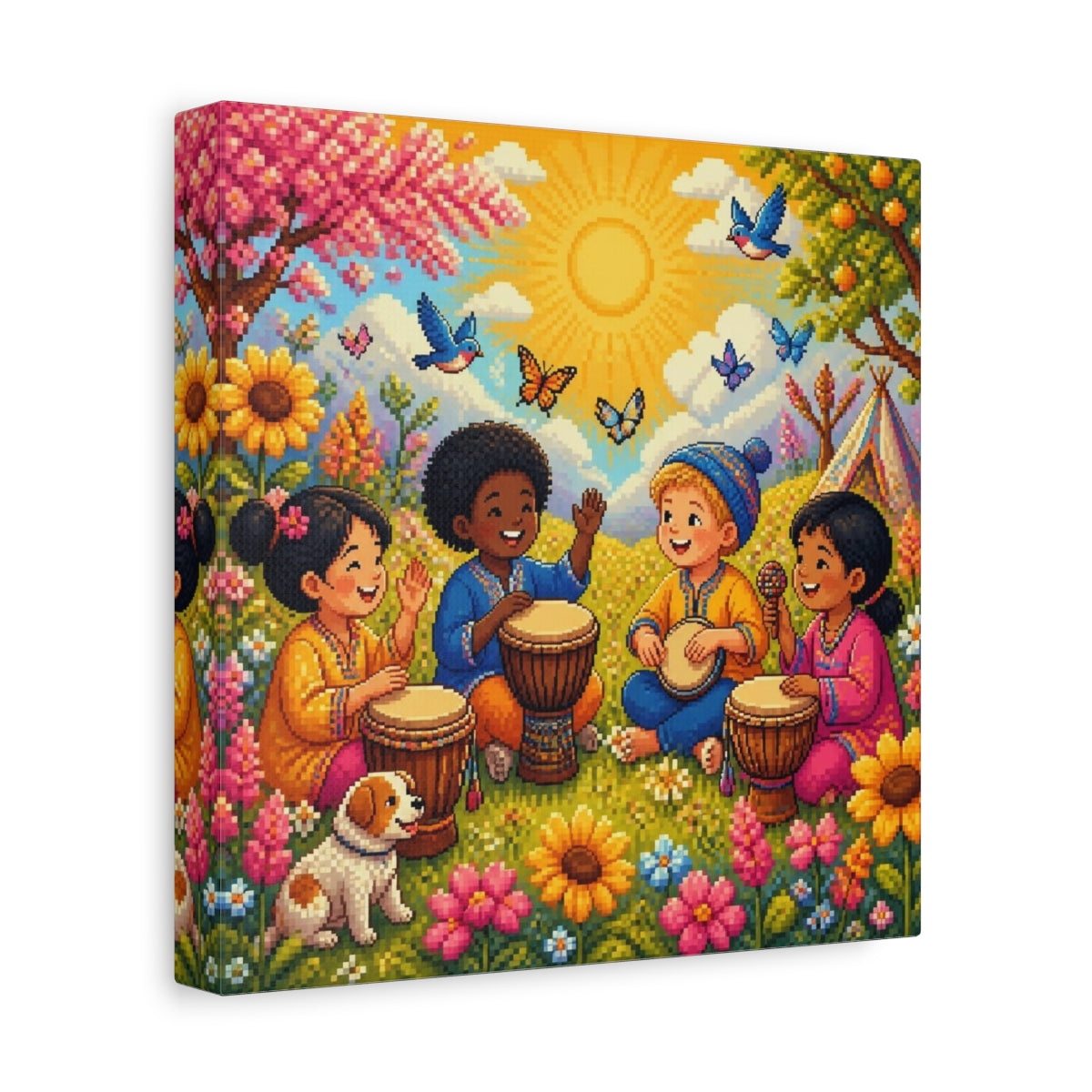 Side Mockup 9. Kids Drumming In Meadow shown as canvas print