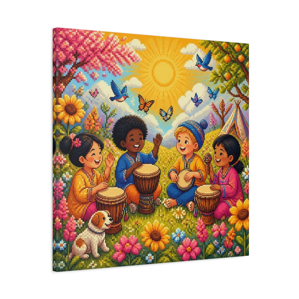Side Mockup 3. Kids Drumming In Meadow shown as canvas print
