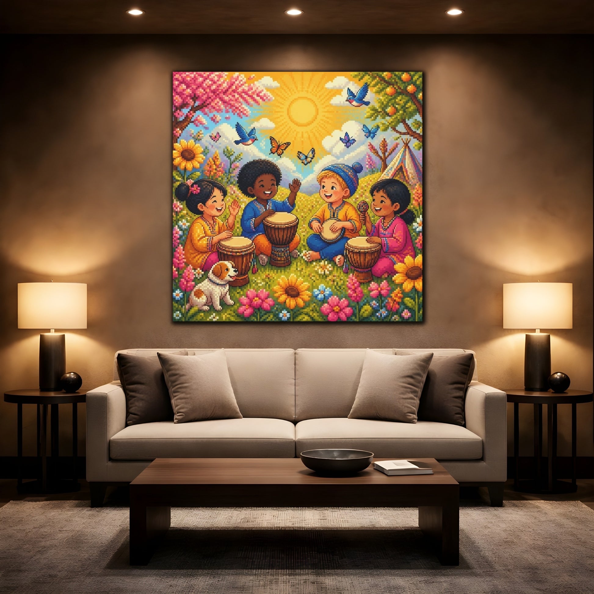 Mockup 2. Kids Drumming In Meadow shown as canvas print