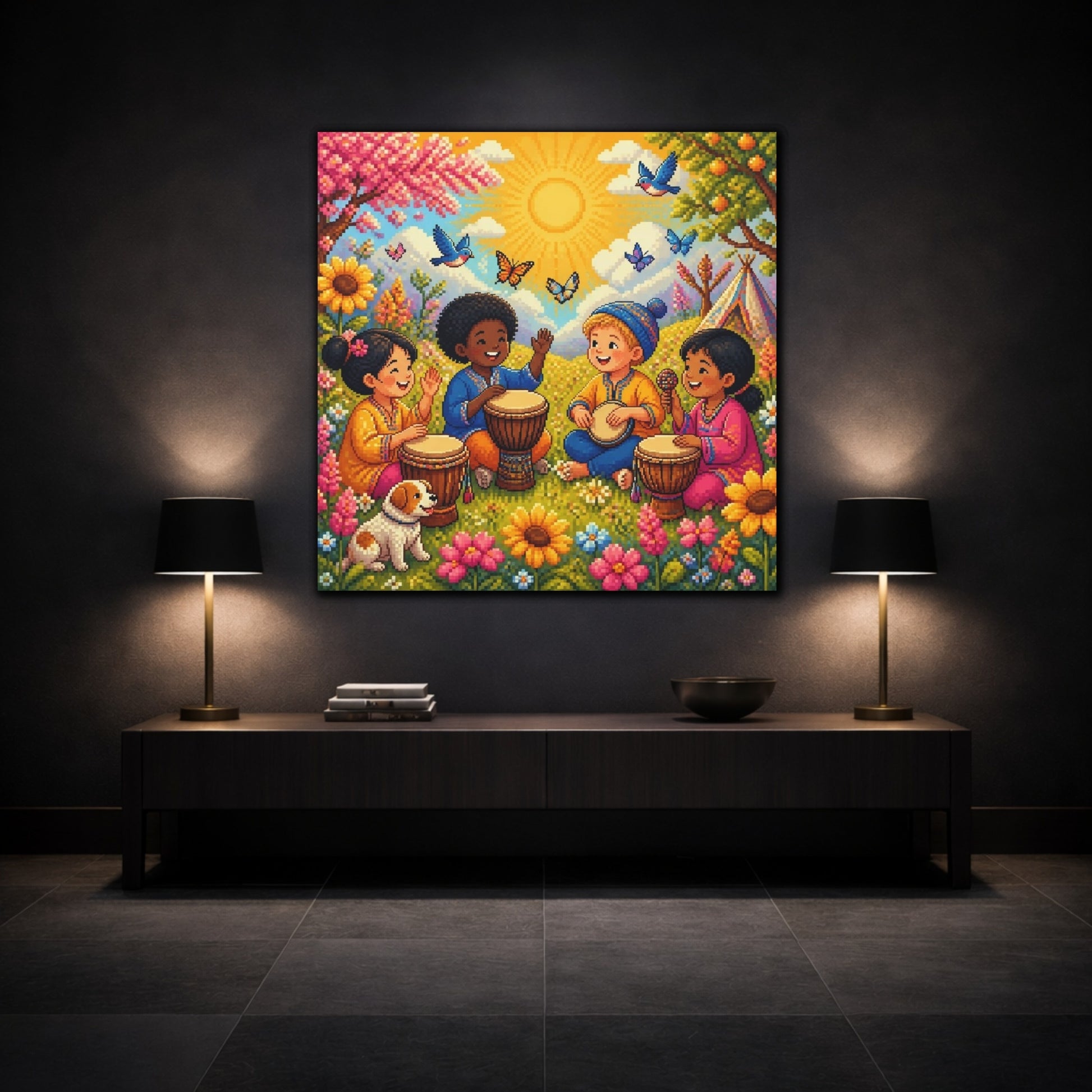 Mockup 3. Kids Drumming In Meadow shown as canvas print