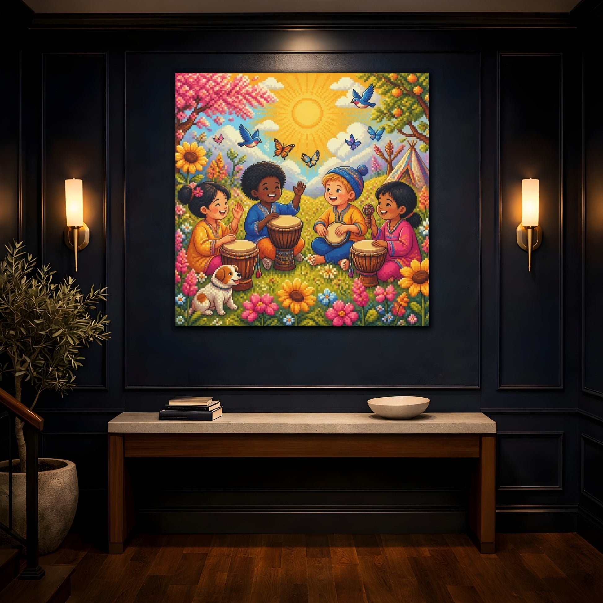 Mockup 4. Kids Drumming In Meadow shown as canvas print