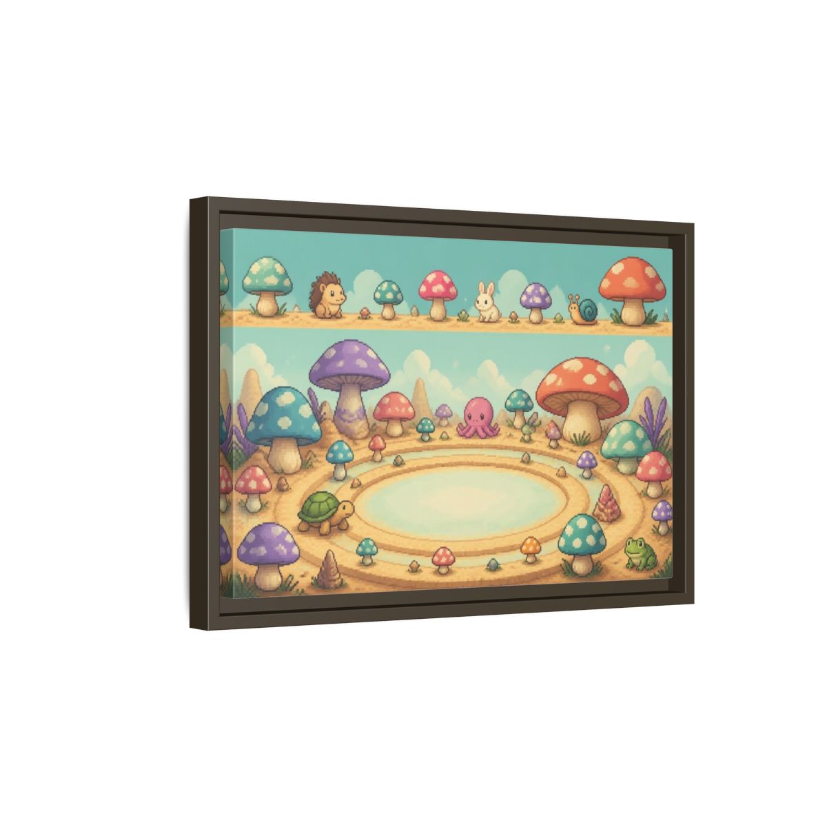 Side Mockup 5. Kids Mushroom Meadow shown as framed canvas print