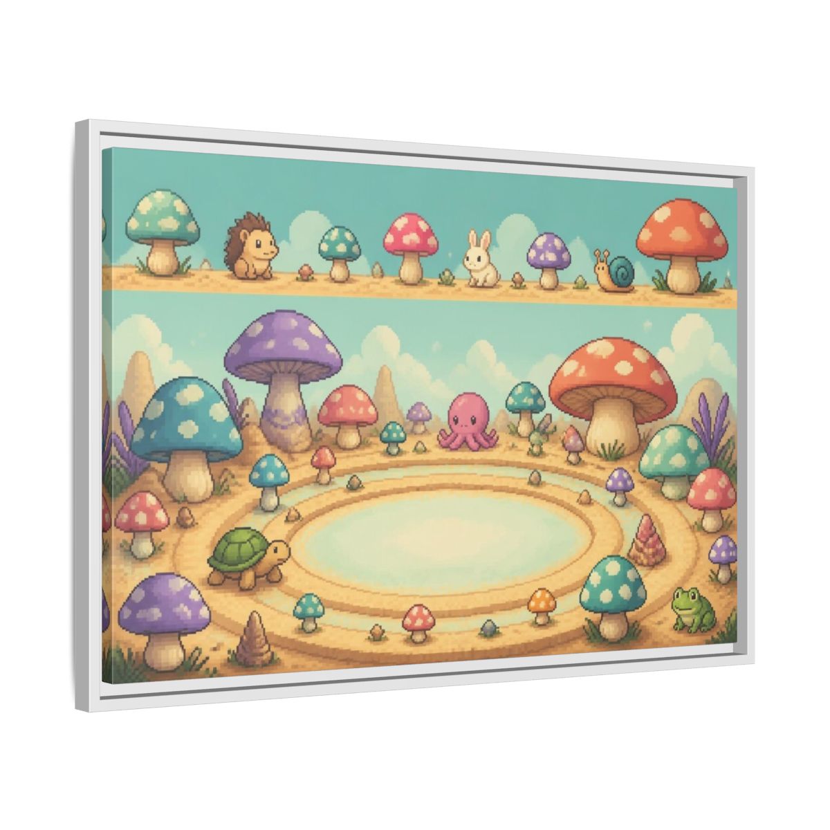 Side Mockup 10. Kids Mushroom Meadow shown as framed canvas print