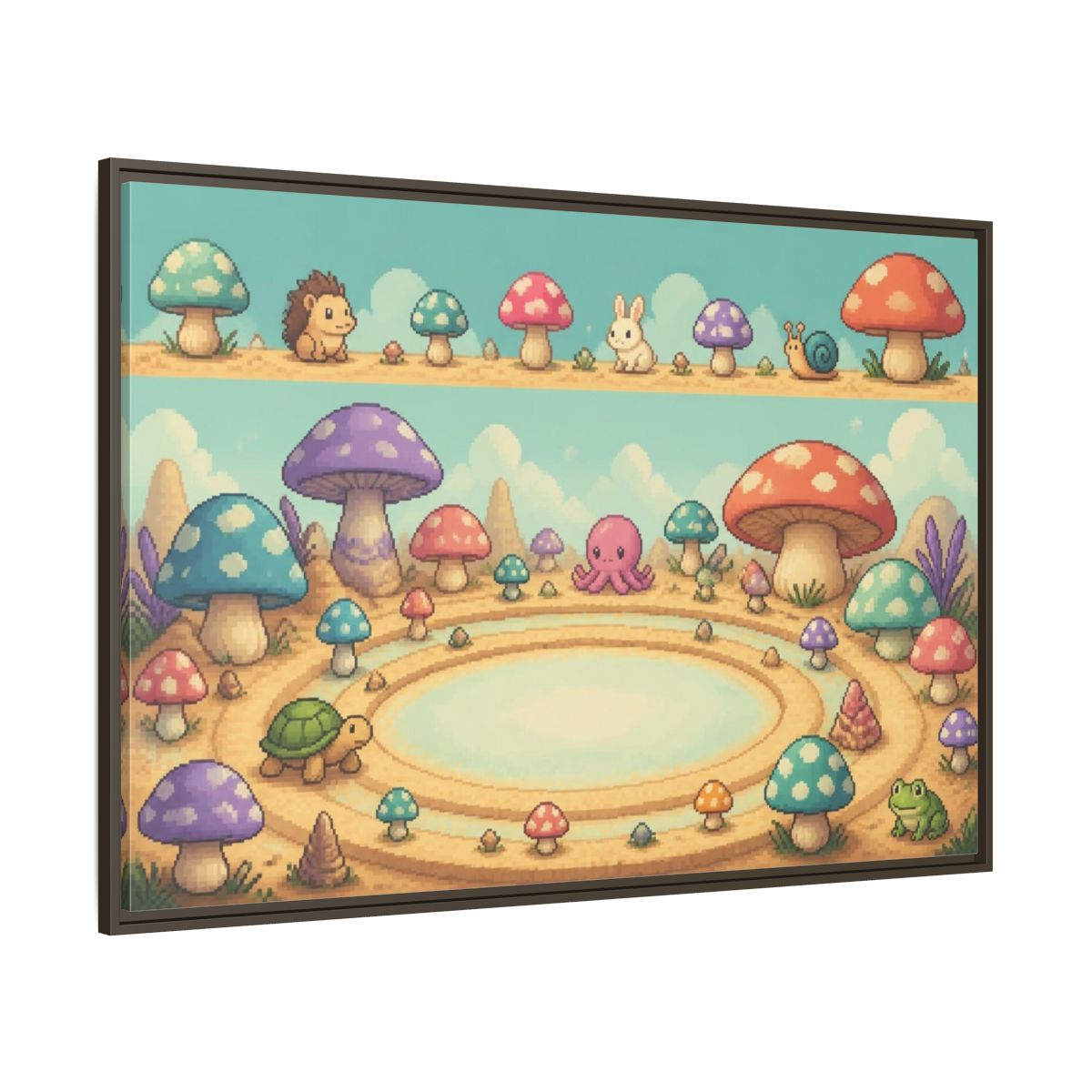 Side Mockup 8. Kids Mushroom Meadow shown as framed canvas print