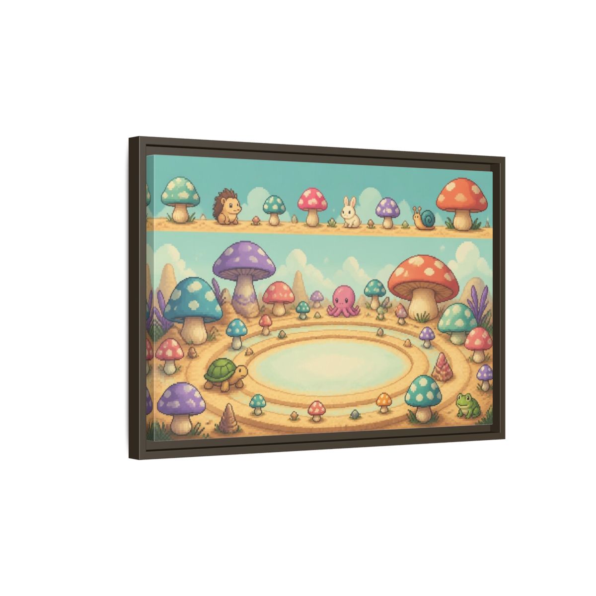 Side Mockup 2. Kids Mushroom Meadow shown as framed canvas print